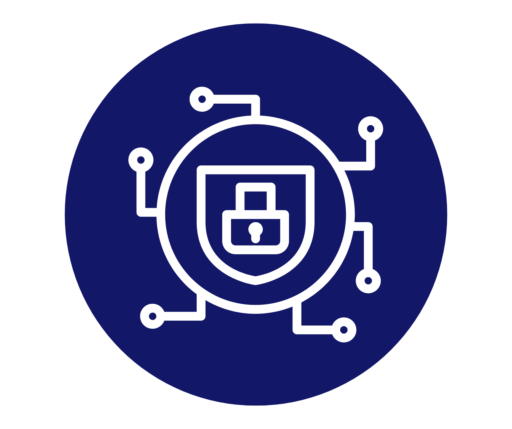 Icon of a digital lock with a shield in front, surrounded by circuit-like lines, symbolizing cybersecurity or data protection.