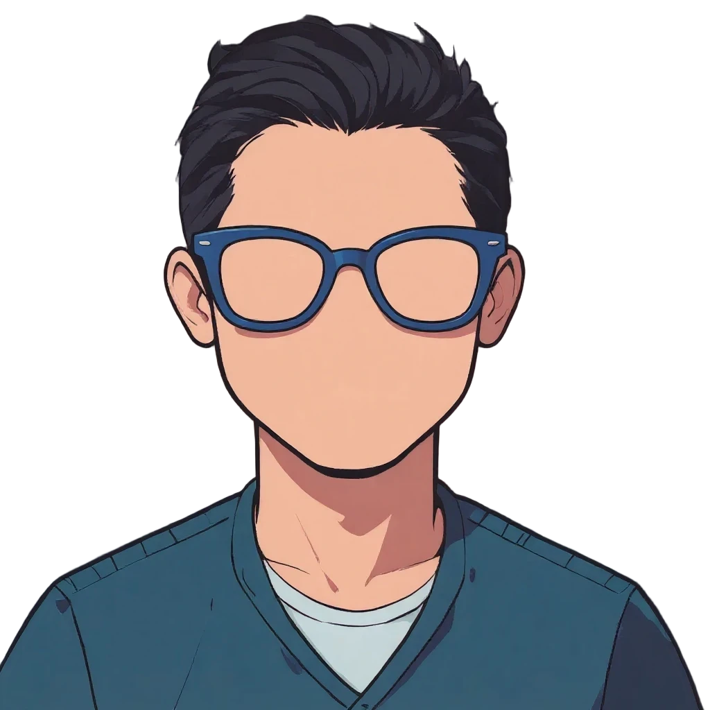 Digital illustration of a person with black hair, wearing blue eyeglasses and a blue jacket.