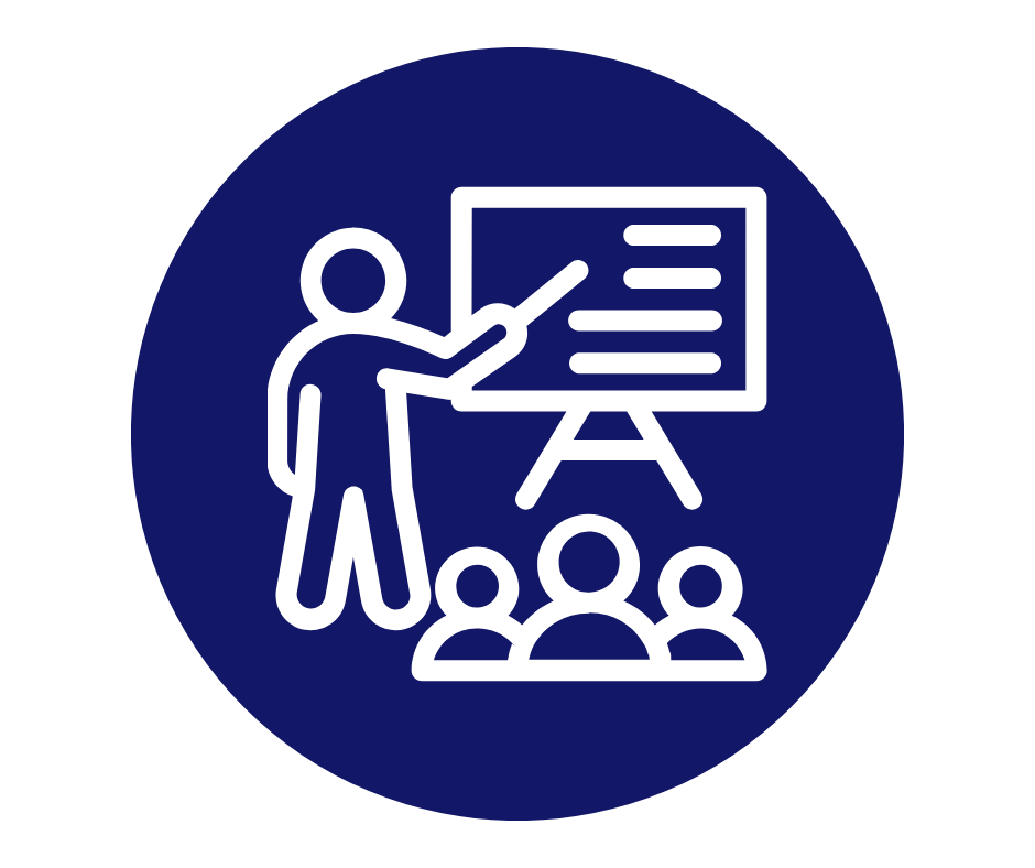Icon of a person teaching a class with a pointer at a presentation board, with three people seated in front.