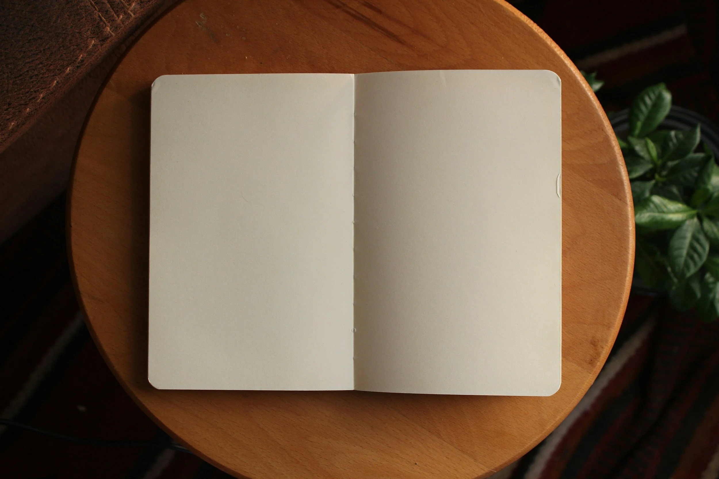 A blank open notebook resting on a wooden table, soft natural light, no text on the page
