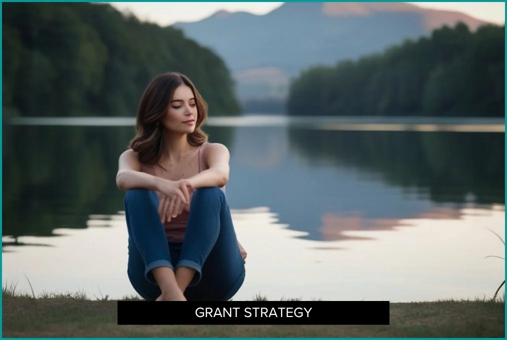 woman sitting in grass near lake