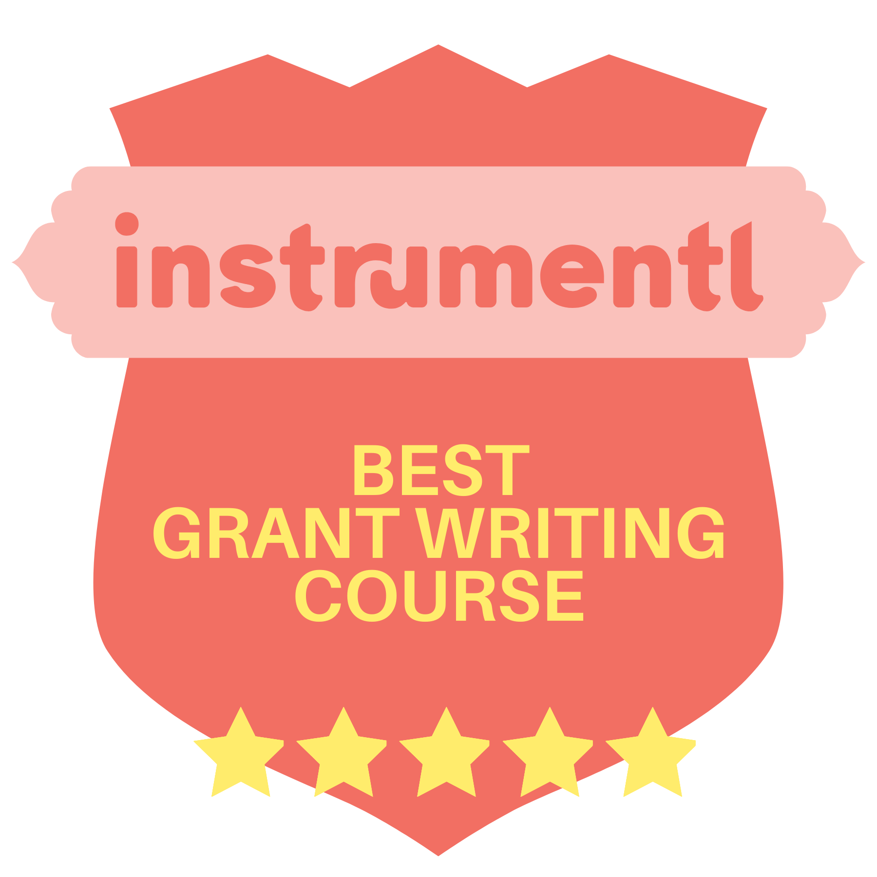 Gold star award badge with the words 'instrument BEST GRANT WRITING COURSE' in pink and yellow text on a pink ribbon banner, with yellow stars at the bottom.