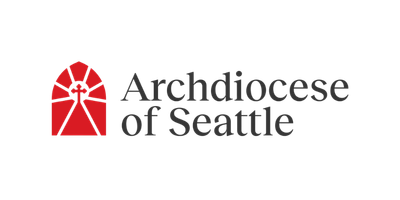 Logo of the Archdiocese of Seattle featuring a red stained glass window design and black text.