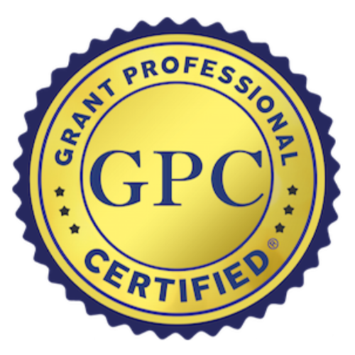 Close-up of a gold and blue circular seal with the text 'Grant Professional Certified GPC' in the center.