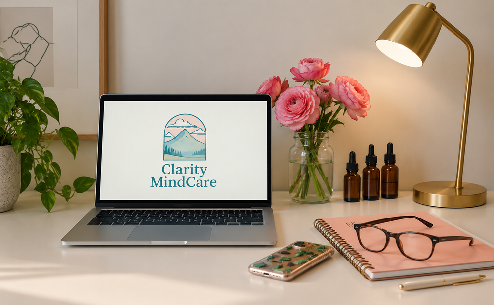 Clarity MindCare telehealth workspace with laptop, plant and flowers