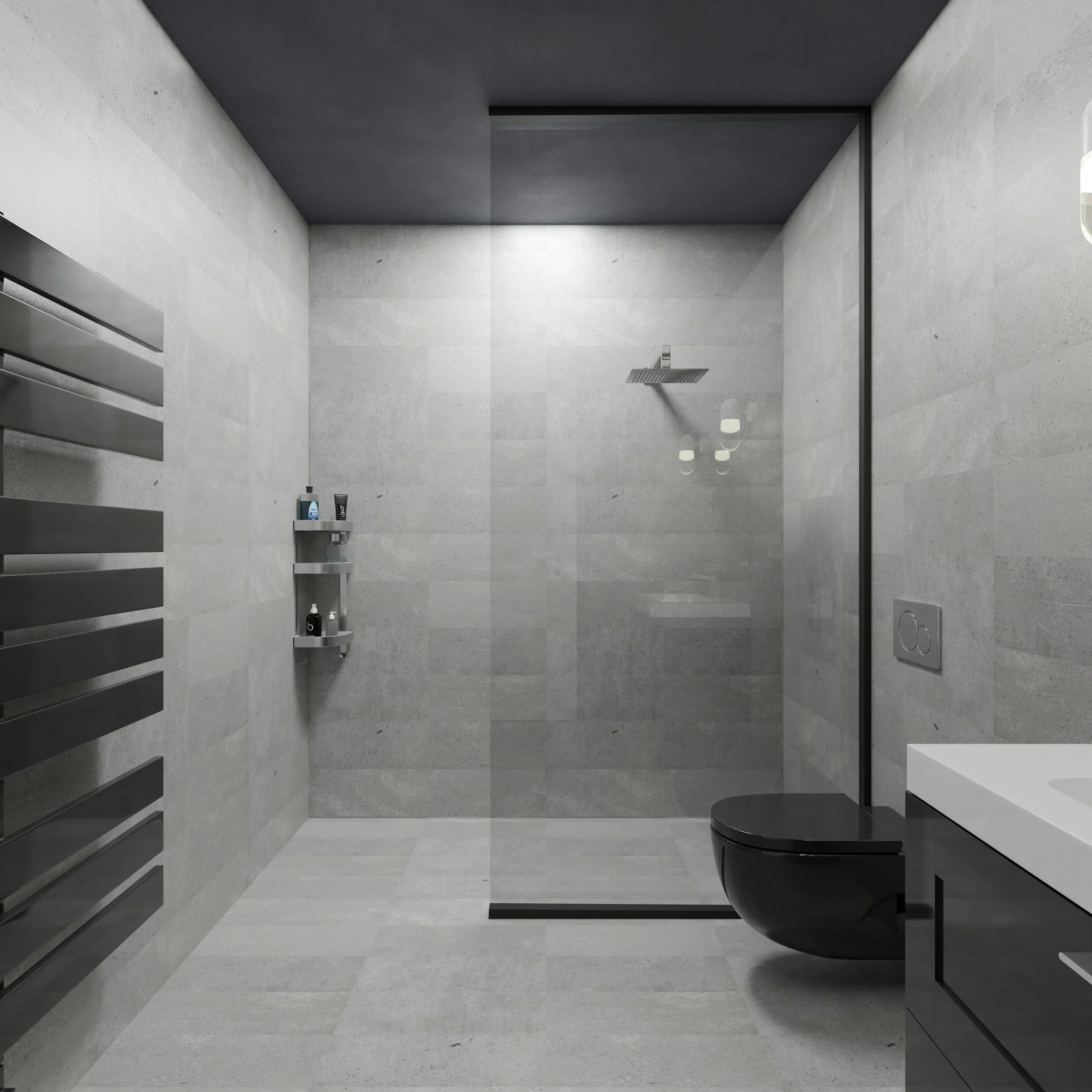 A modern, minimalist bathroom with a large, wall-mounted shower head, gray tiled walls and ceiling, a black circular sink with a faucet, and a small shelf with toiletries.