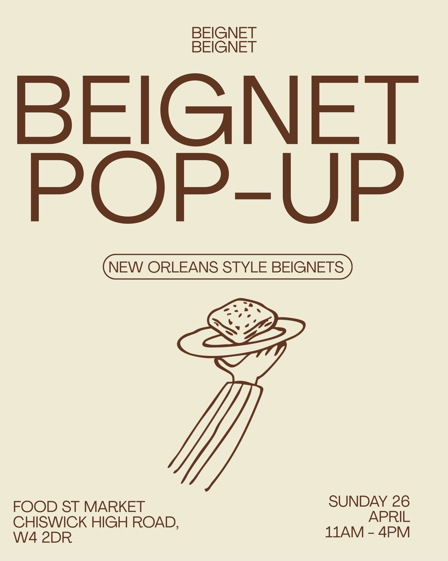 We&rsquo;re back in Chiswick on Sunday 26 April for our next pop-up !

Find us at Food St Market from 11am&ndash;4pm. We&rsquo;ll be serving our freshly made, French-inspired, New Orleans.

We sold out within the hour last time&hellip; so if you&rsqu