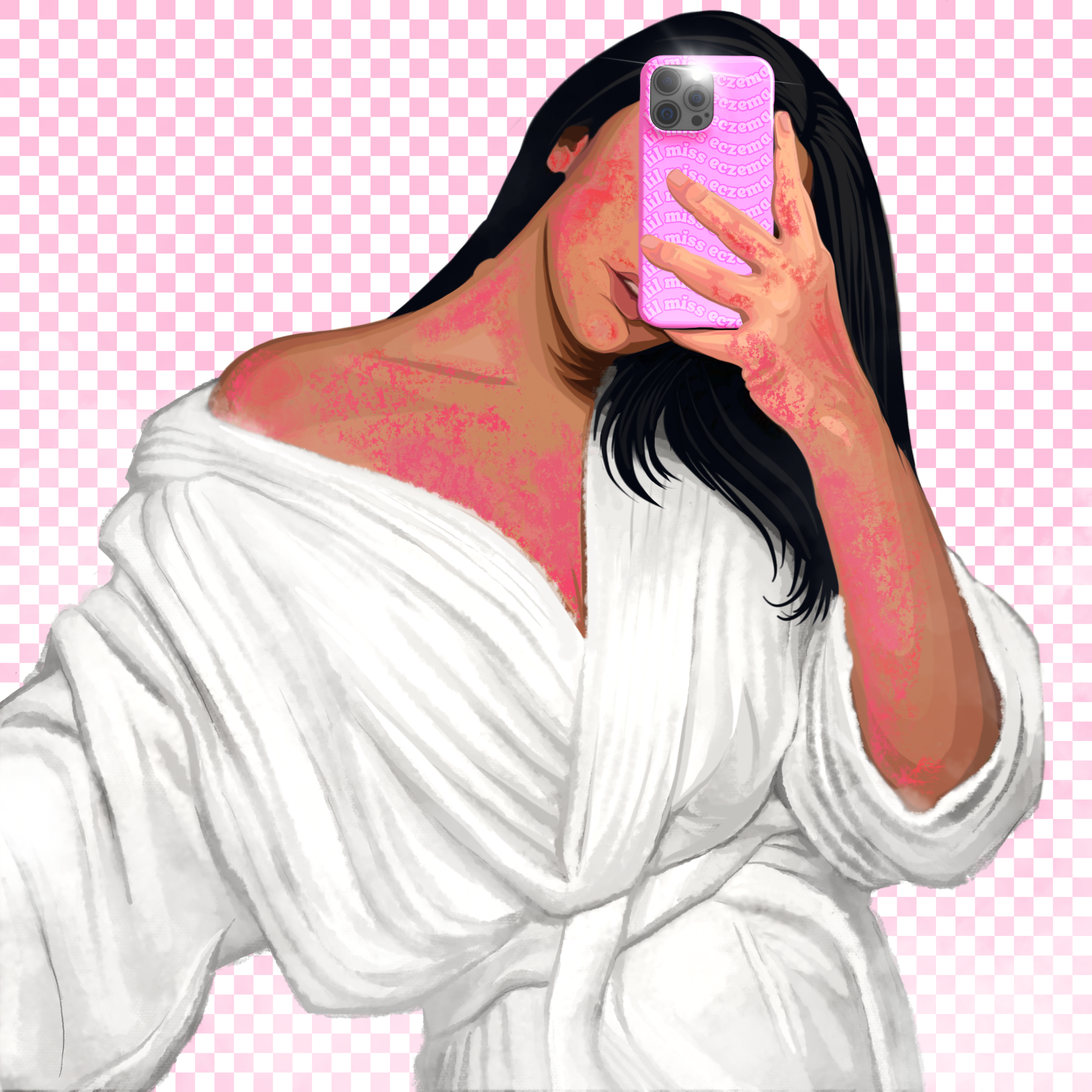 A woman with long dark hair wearing a white robe, taking a selfie with her phone, revealing red and irritated skin on her face, neck, and shoulder.