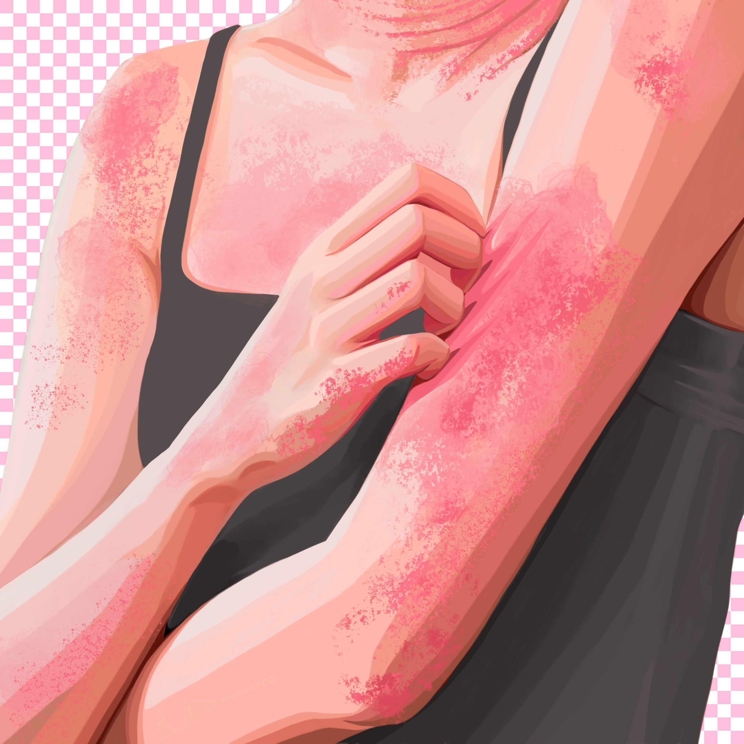 Digital illustration of a woman with fair skin in a black tank top, touching her chest with her left hand, showing the upper part of her torso and part of her neck against a pink checkered background.