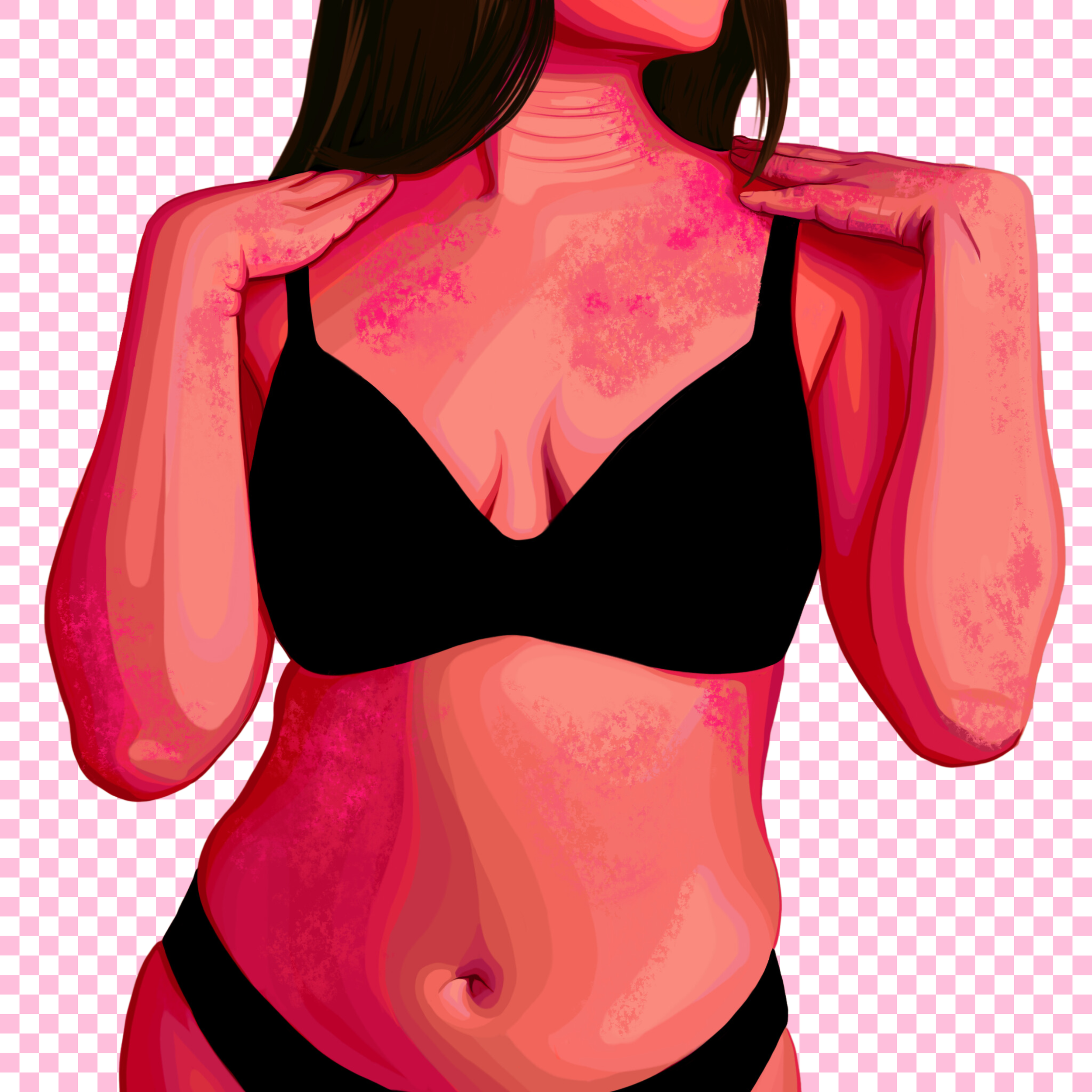 Digital illustration of a woman wearing a black bra and matching underwear, with her hands touching her shoulders against a transparent background.