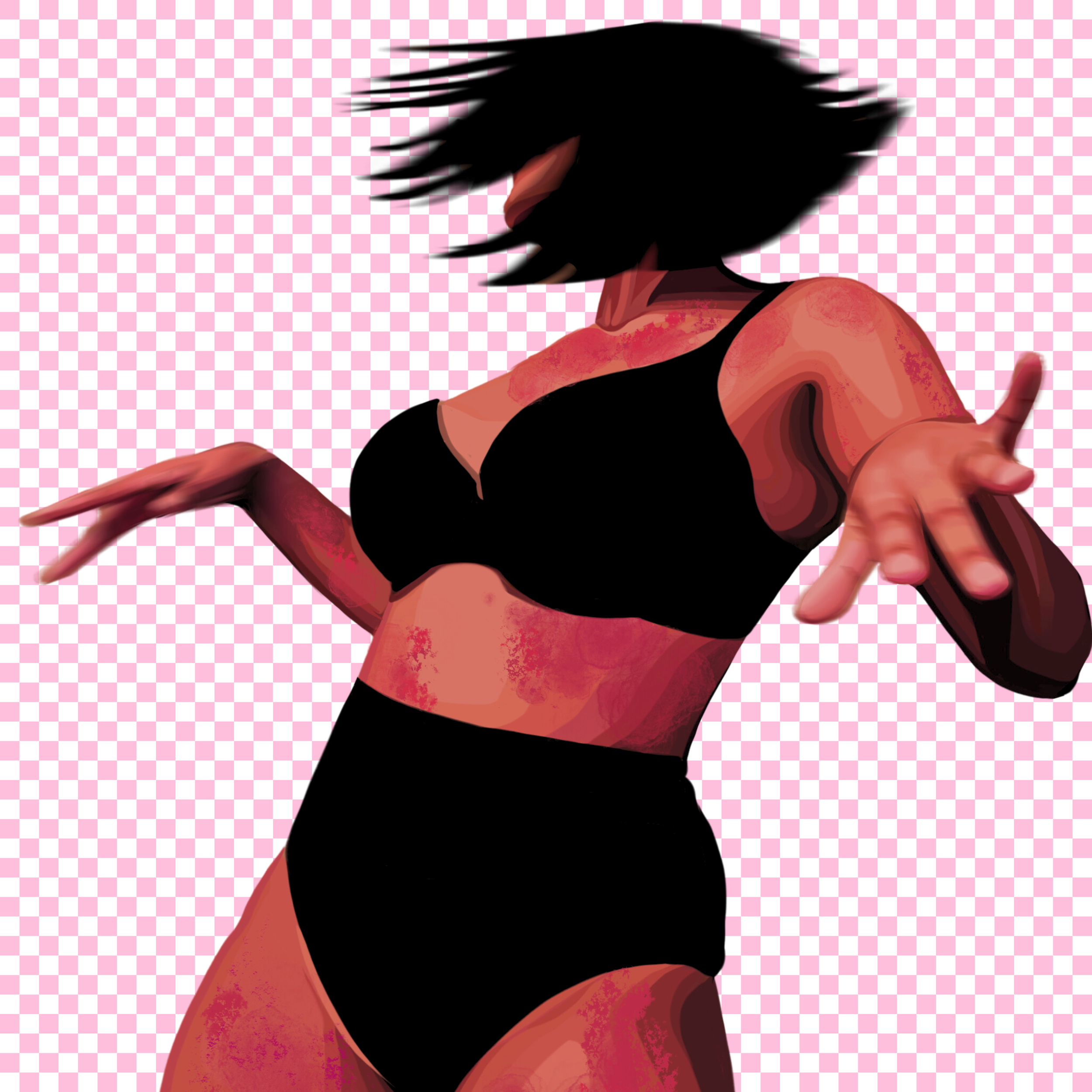 Digital illustration of a woman with black hair in a black sports bra and black underwear, reaching out with one hand, standing against a pink checkered background.