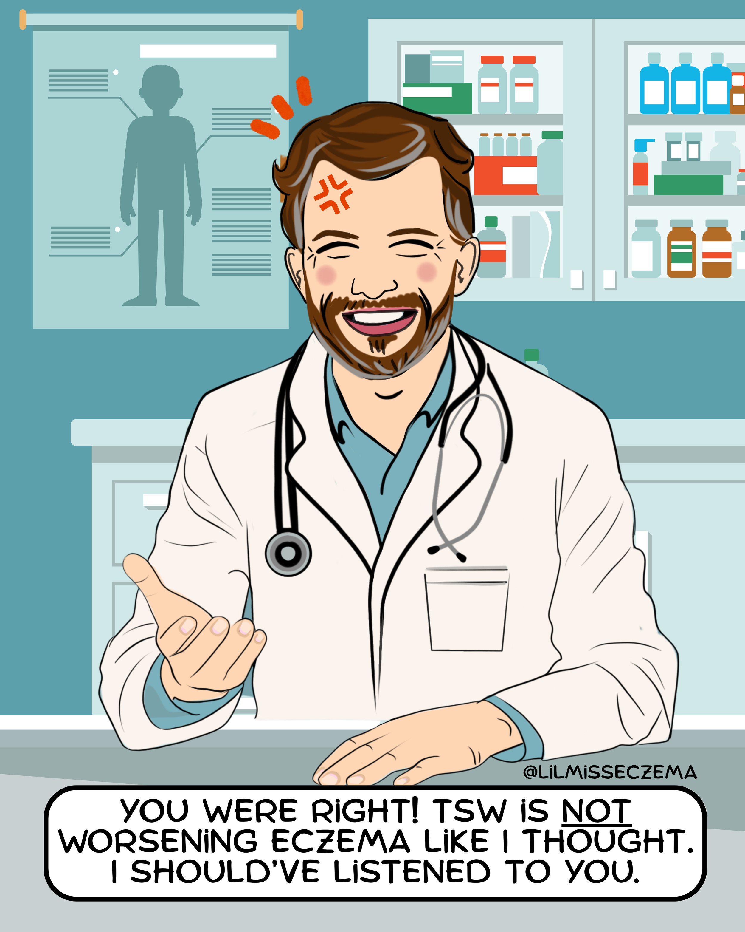 Cartoon of a smiling male doctor with a stethoscope around his neck, sitting at a medical desk with cabinets of medication in the background. He is making a gesture with his right hand, and there is an irritated red mark on his forehead. A chart showing a silhouette of a person with highlighted areas and arrows indicating eczema or skin irritation is on the wall behind him. A speech bubble says, 'You were right! TSW is not worsening eczema like I thought. I should've listened to you.'