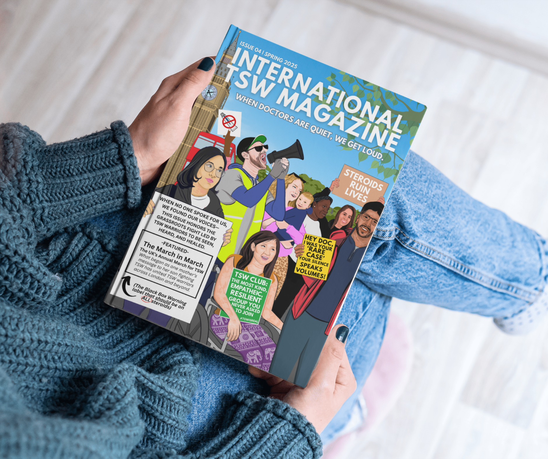 A person wearing holding a magazine titled 'International TSW Magazine' with a cover illustration featuring diverse people protesting and talking about the dangers of steroids during the annual March in March TSW protest.