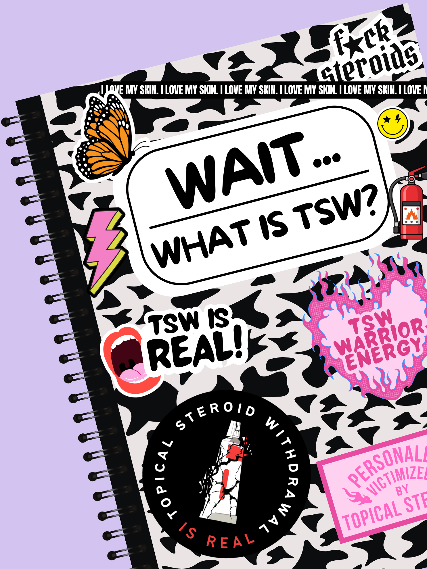notebook with tsw and eczema stickers decorating it with text implying book is all about topical steroid withdrawal