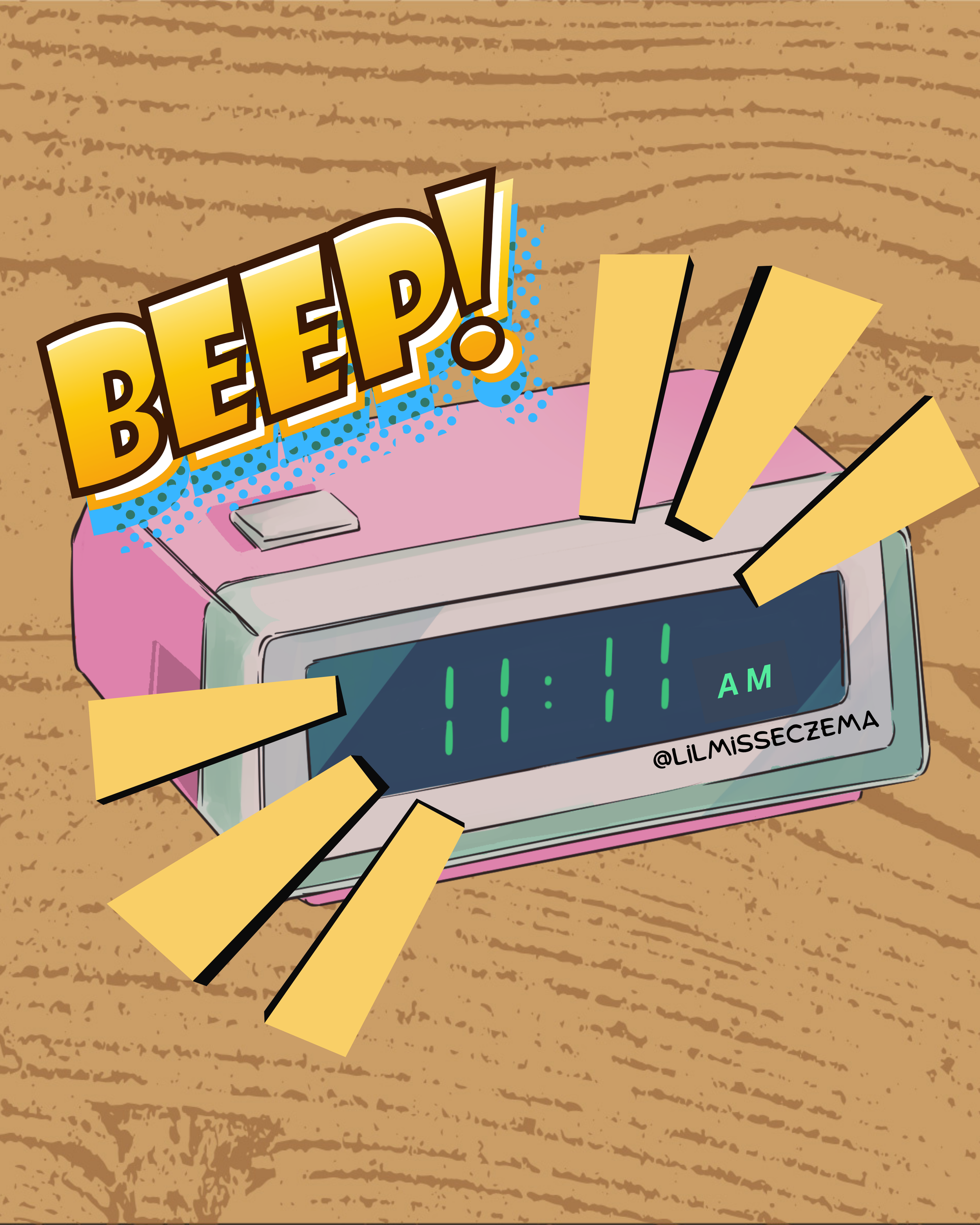Digital illustration of an alarm clock showing 11:11 AM on a wooden surface with a colorful cartoon style, featuring the word 'BEEP!' in bold yellow letters with a blue dotted background.