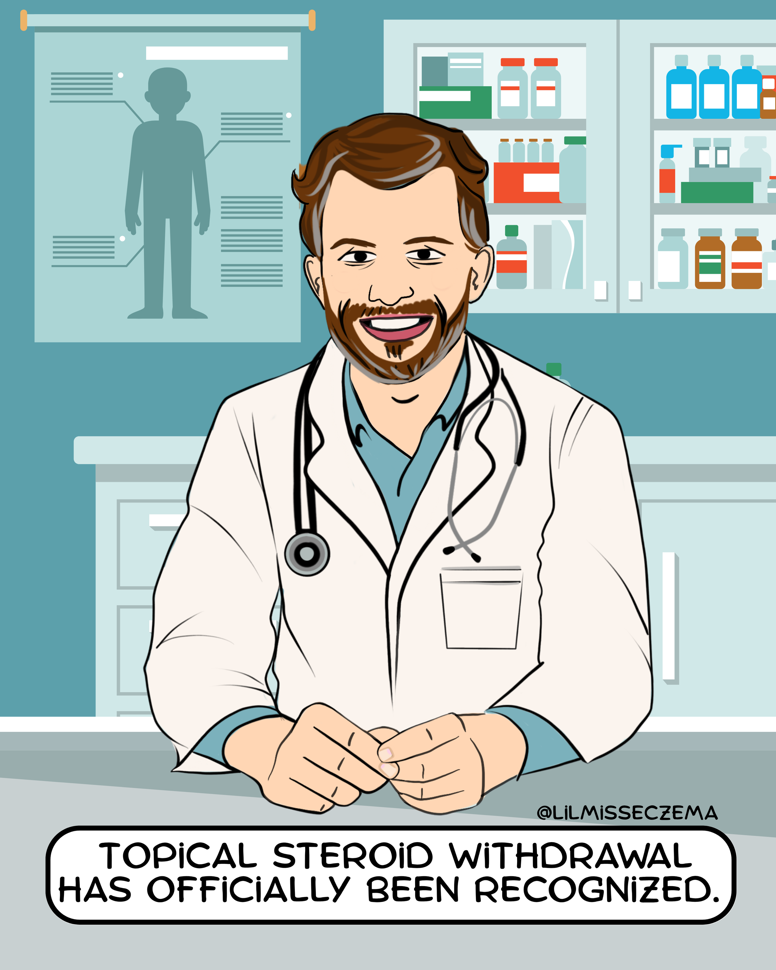 Illustration of a smiling male doctor with a beard, wearing a white coat and stethoscope, sitting at a medical lab. A medical diagram and medicine bottles are visible in the background. The text reads: 'Topical steroid withdrawal has officially been recognized.'