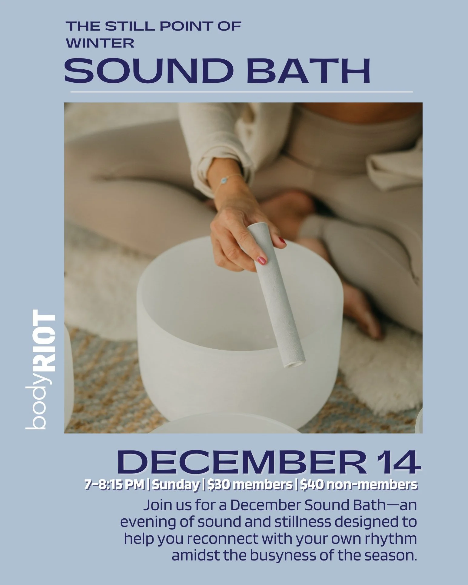 The Still Point of Winter

A December Sound Bath to Rest, Release, &amp; Renew.

As the season accelerates, we invite you to slow down.

Join us Sunday, Dec 14 for an immersive sound journey&mdash;Chau gong, 432Hz bowls, chimes, and more-designed to 