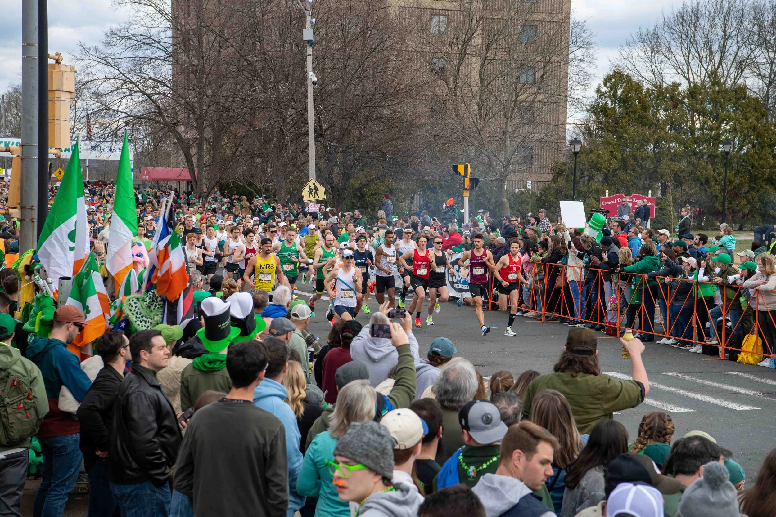 Crowd of marathon runners starting race on city street, with spectators and flags on sides