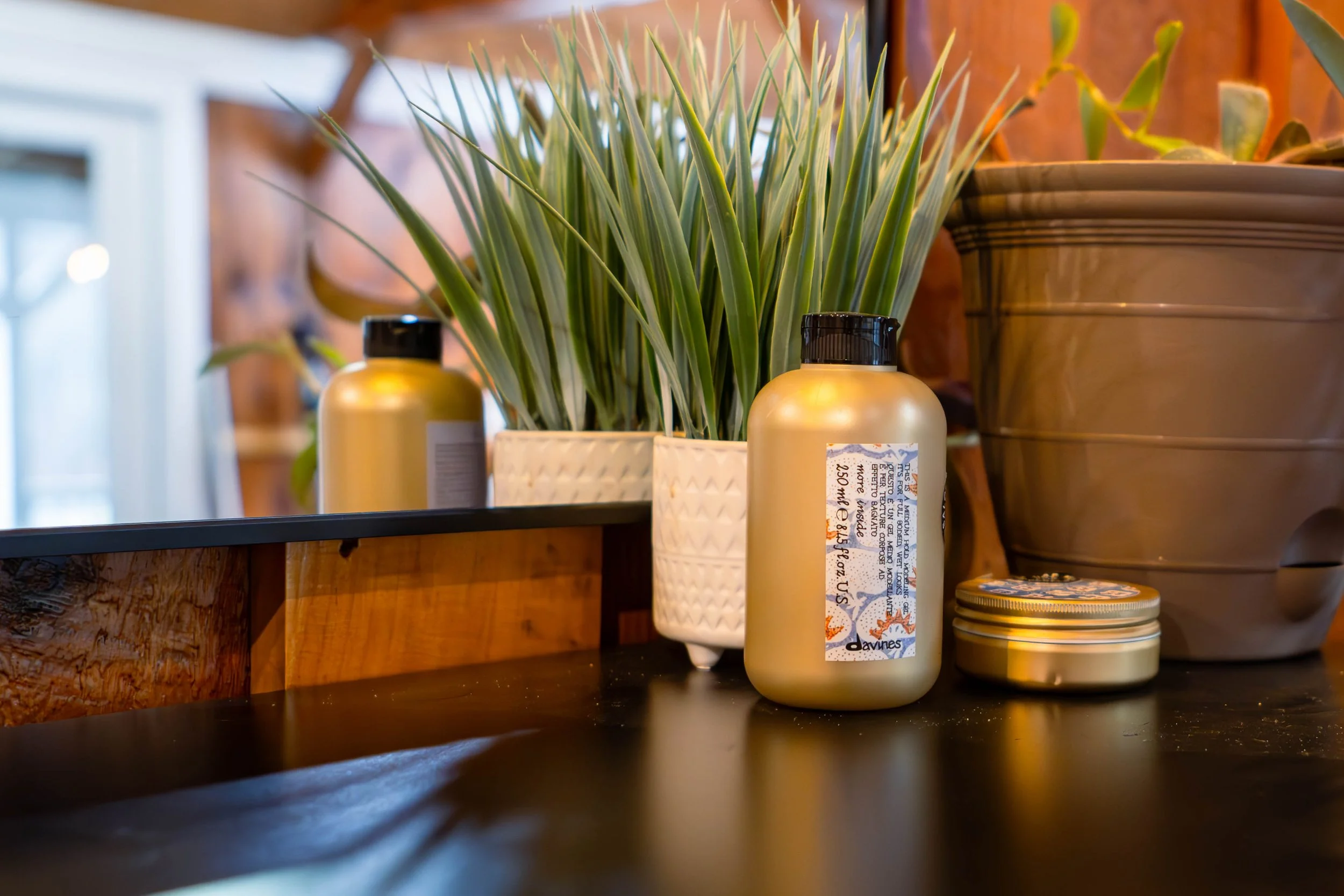 A room interior with a large potted plant, two gold-colored bottles, a smaller metallic jar, a cream-colored textured planter, and other decorative items on a black surface.