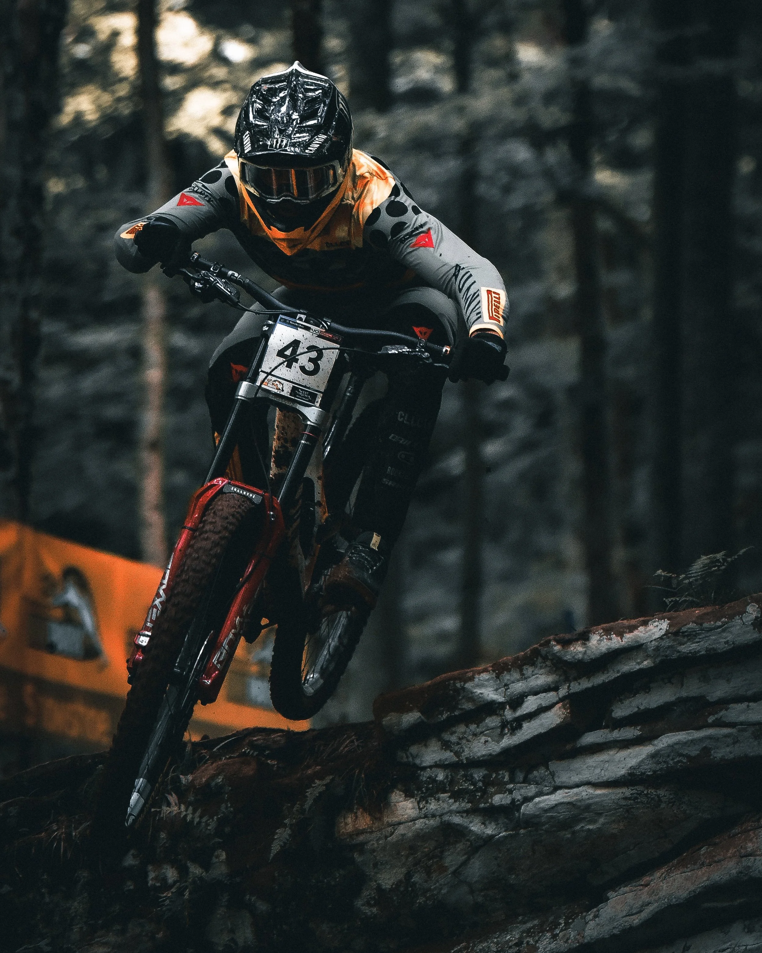 A mountain biker in full gear riding downhill over rocks on a forest trail, wearing a helmet, goggles, and a racing jersey.