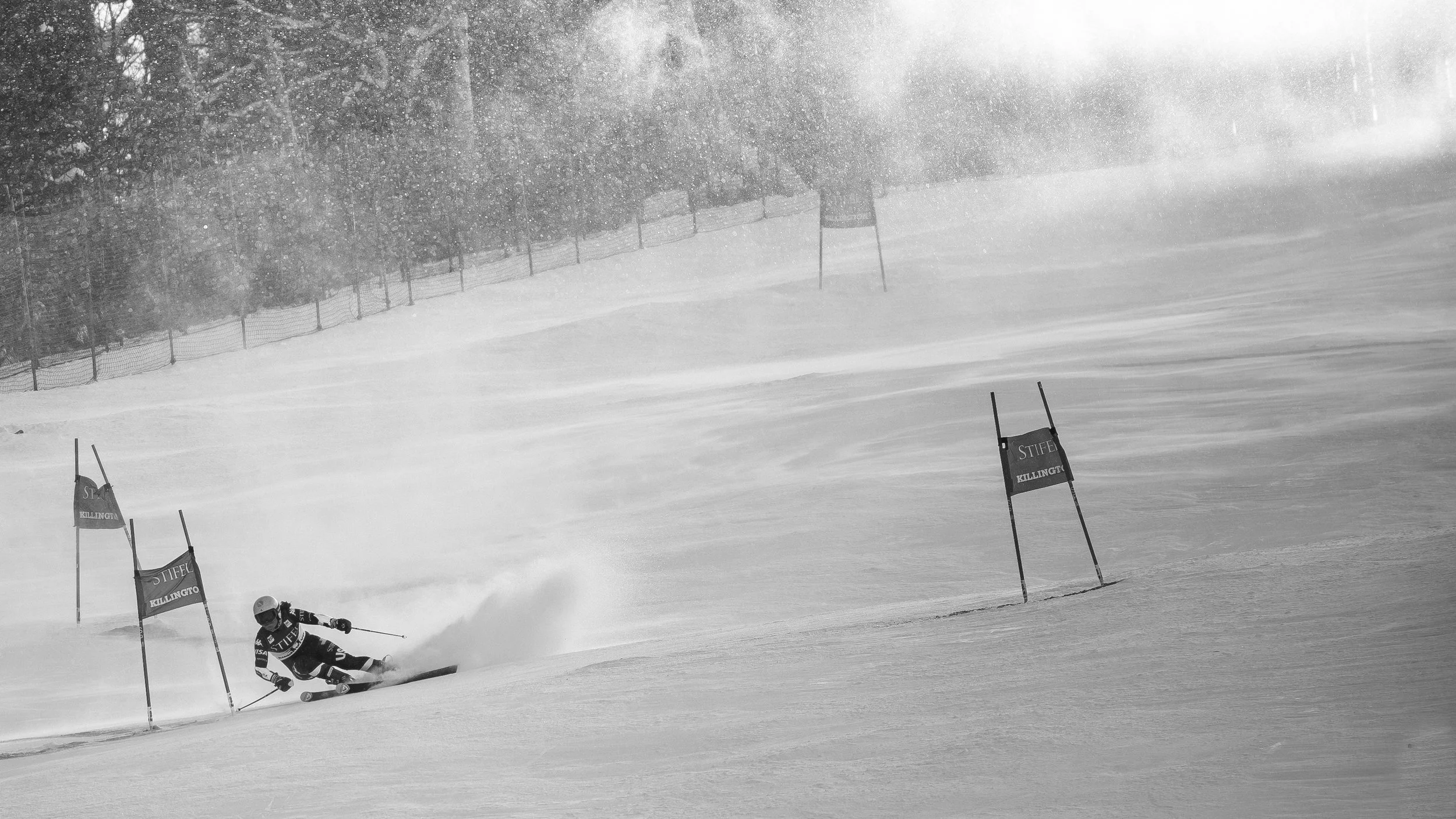 A skier in a racing suit navigating a slalom course on a snowy mountain, with gates marked by flags, trees in the background, and snow blowing in the wind.