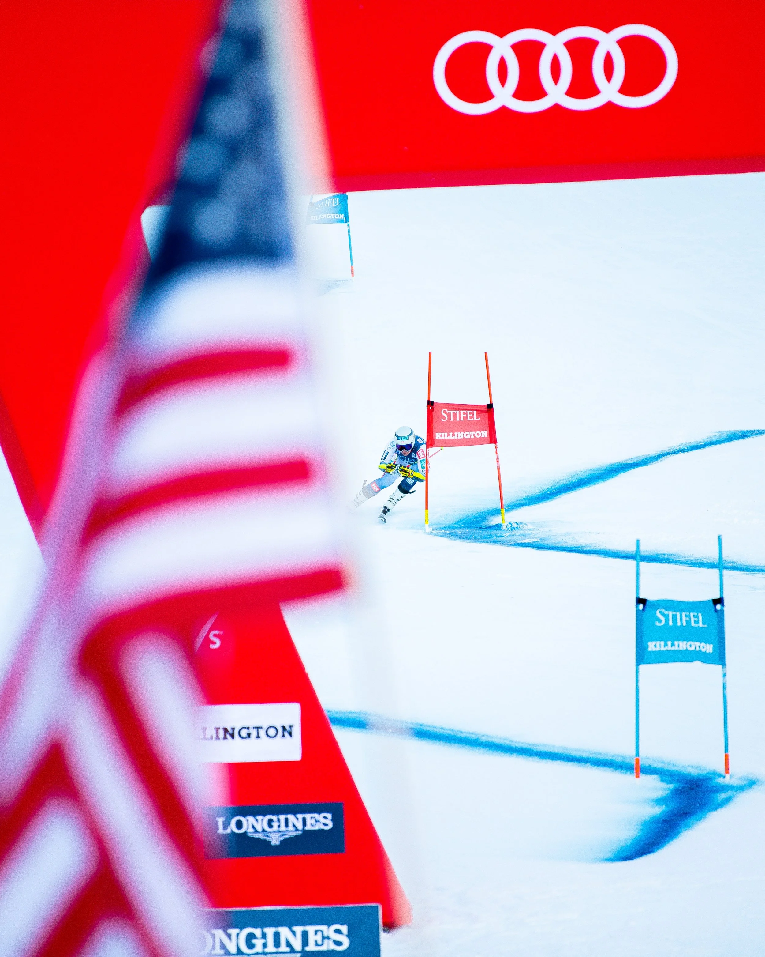 A skier wearing a helmet and racing gear navigates through a slalom ski course with red and blue gates, enclosed by red sponsor banners and fencing on a snowy slope.