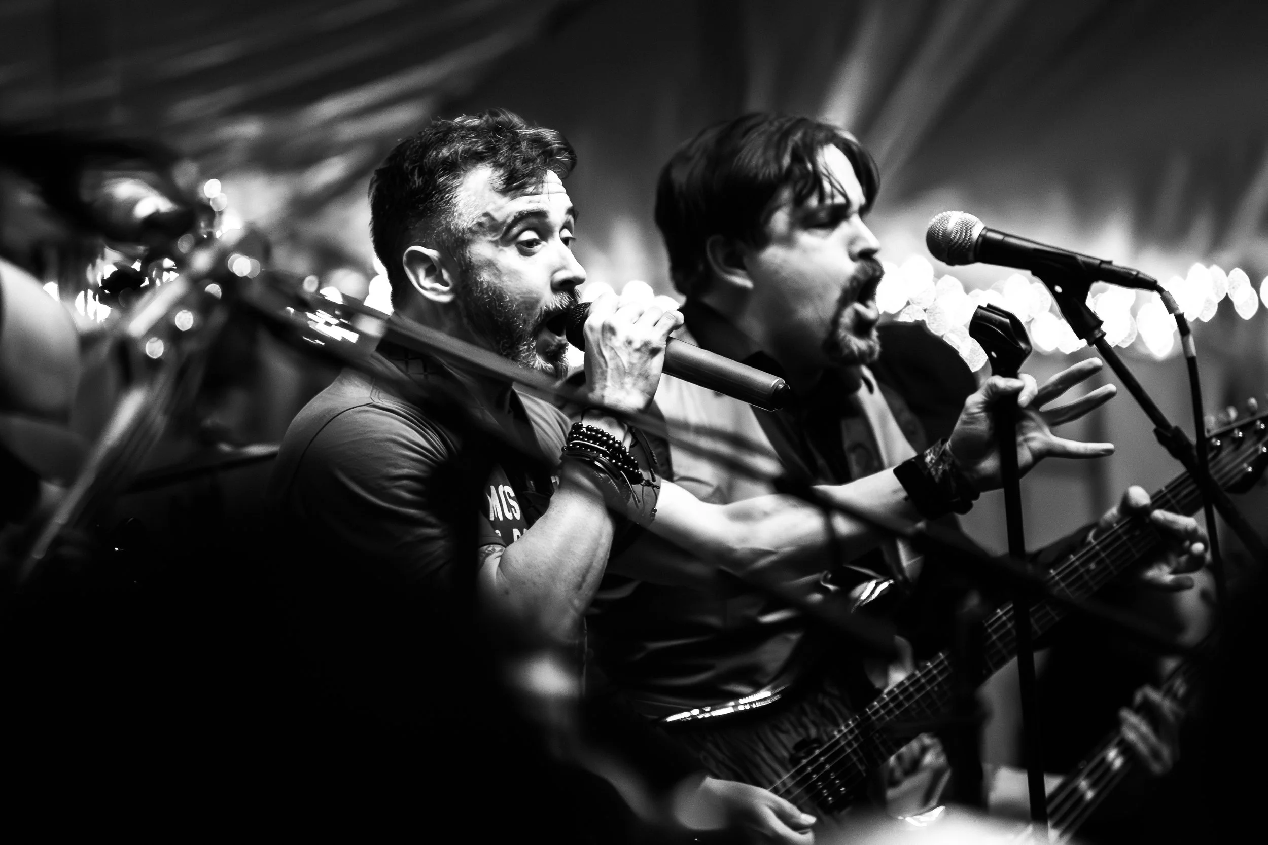 Two male musicians singing and playing guitars on stage, performing passionately.