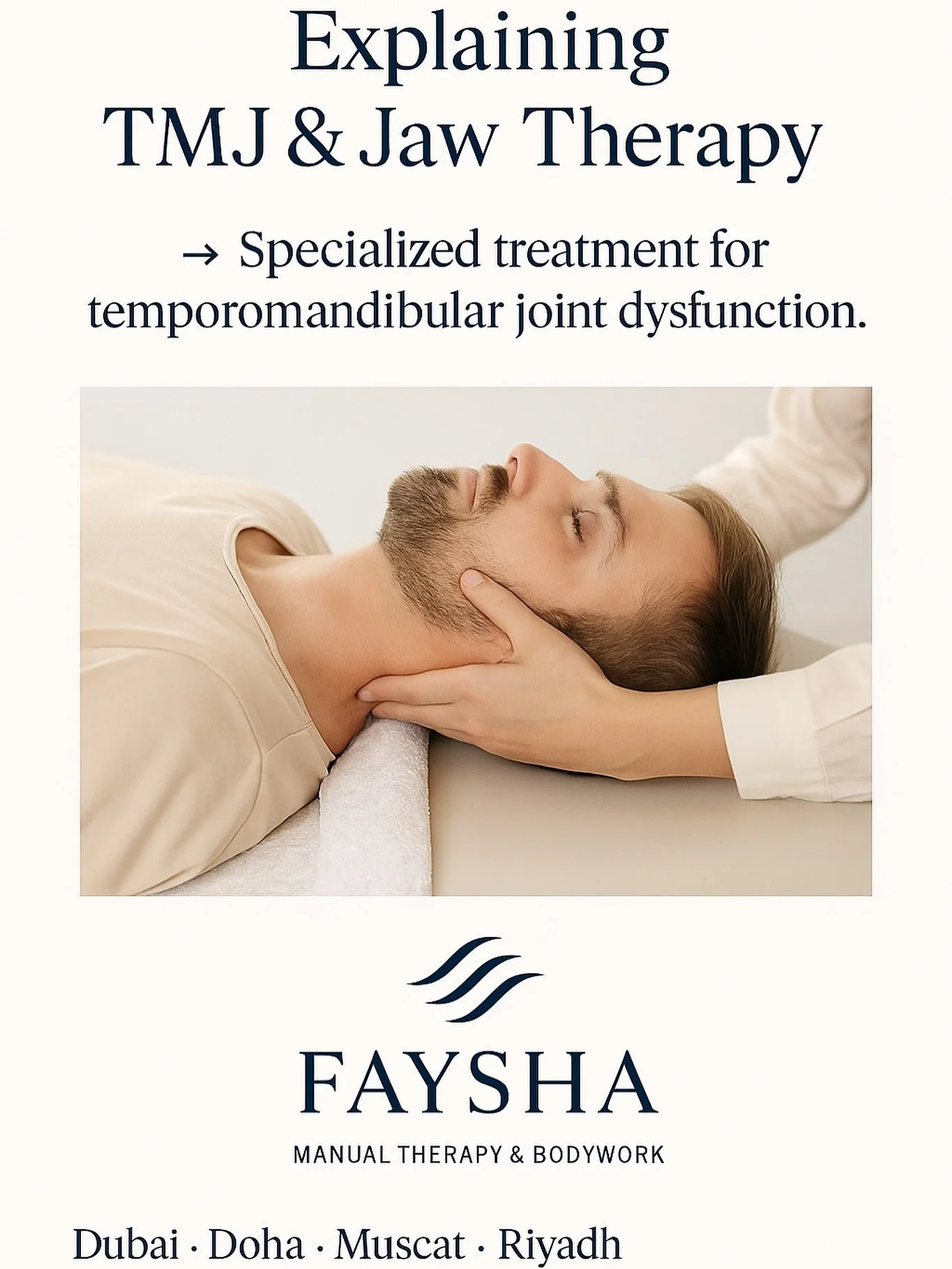 😬 TMJ & Jaw Therapy
Do you suffer from jaw tension, frequent headaches, or even migraines?
At FAYSHA, our specialized TMJ therapy focuses on releasing the deep muscular and fascial imbalances that contribute to temporomandibular dysfunction.
✨
