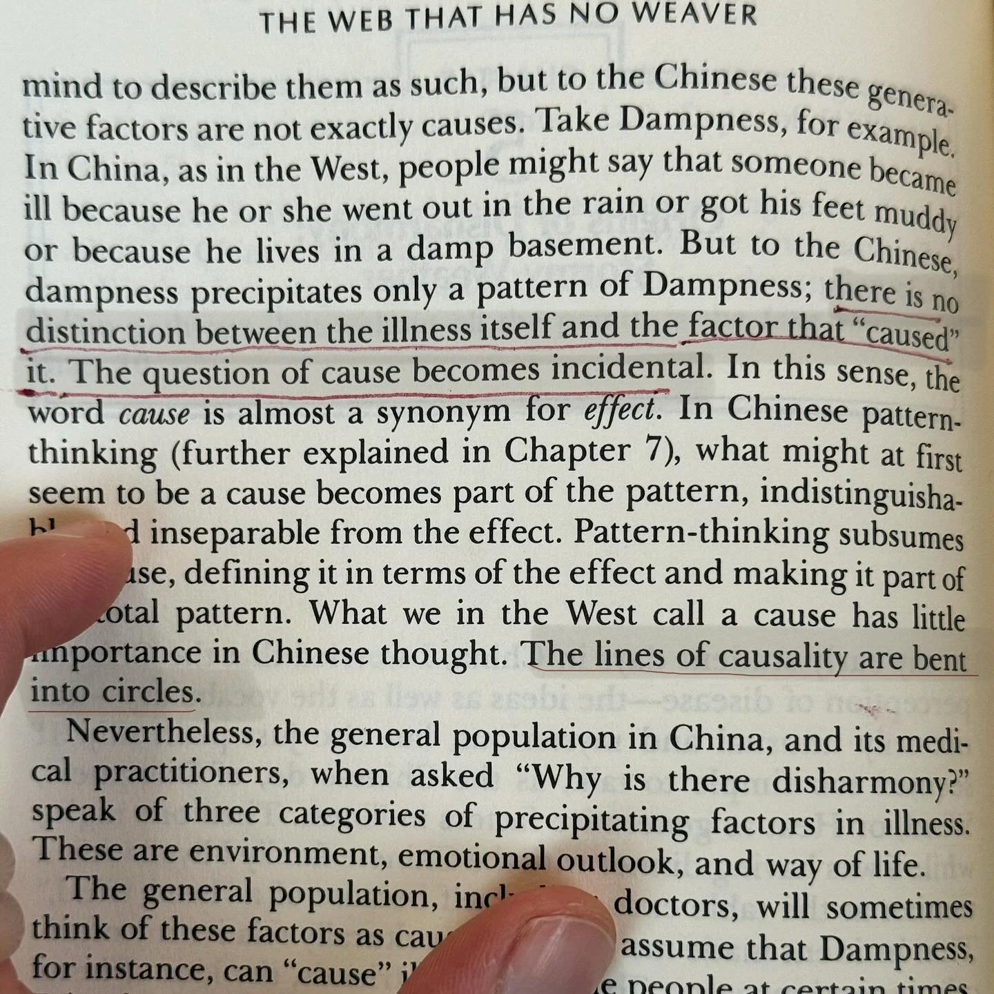&ldquo;The lines of causality are bent into circles.&rdquo; 

As I continue to deepen my studies and practice with Traditional Chinese Medicine, I find myself seeing the personal philosophies I&rsquo;ve developed in life, or inherited with my family&