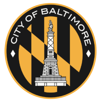 Seal of the City of Baltimore featuring a central monument with a statue, encircled by the words 'City of Baltimore' against a black and gold background.