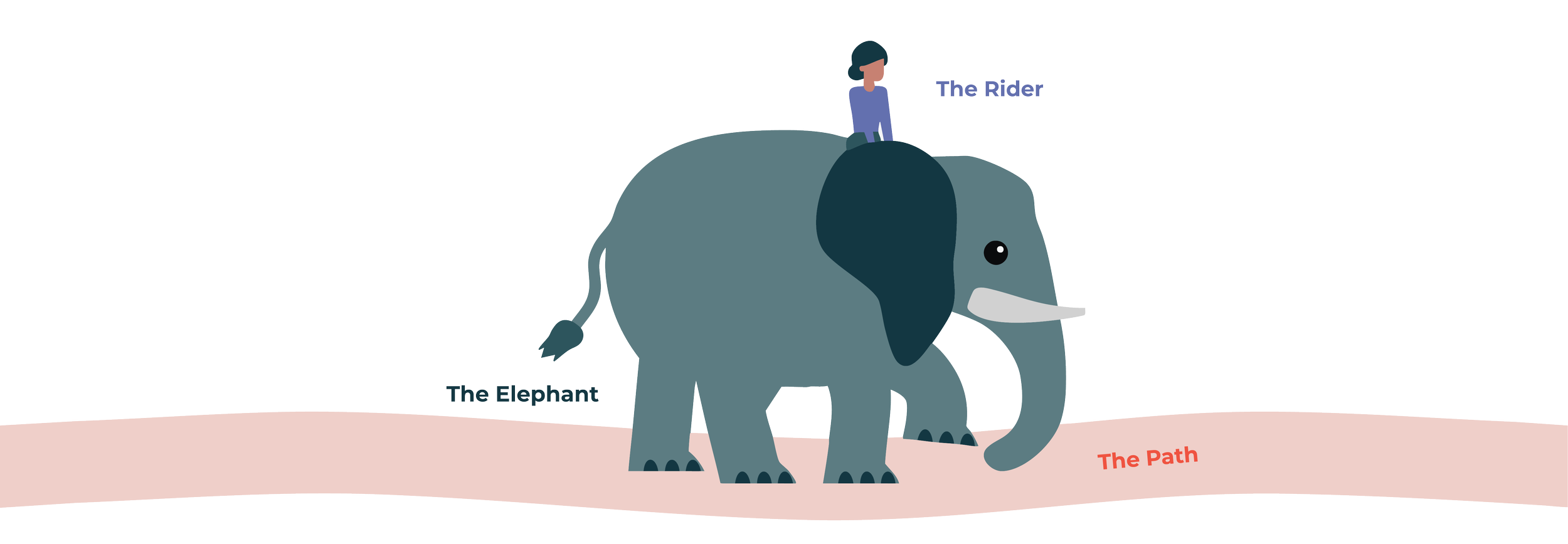 Illustration of a person labeled "The Rider" sitting on a gray elephant labeled "The Elephant," walking on a path labeled "The Path", showcasing the flow of project management.