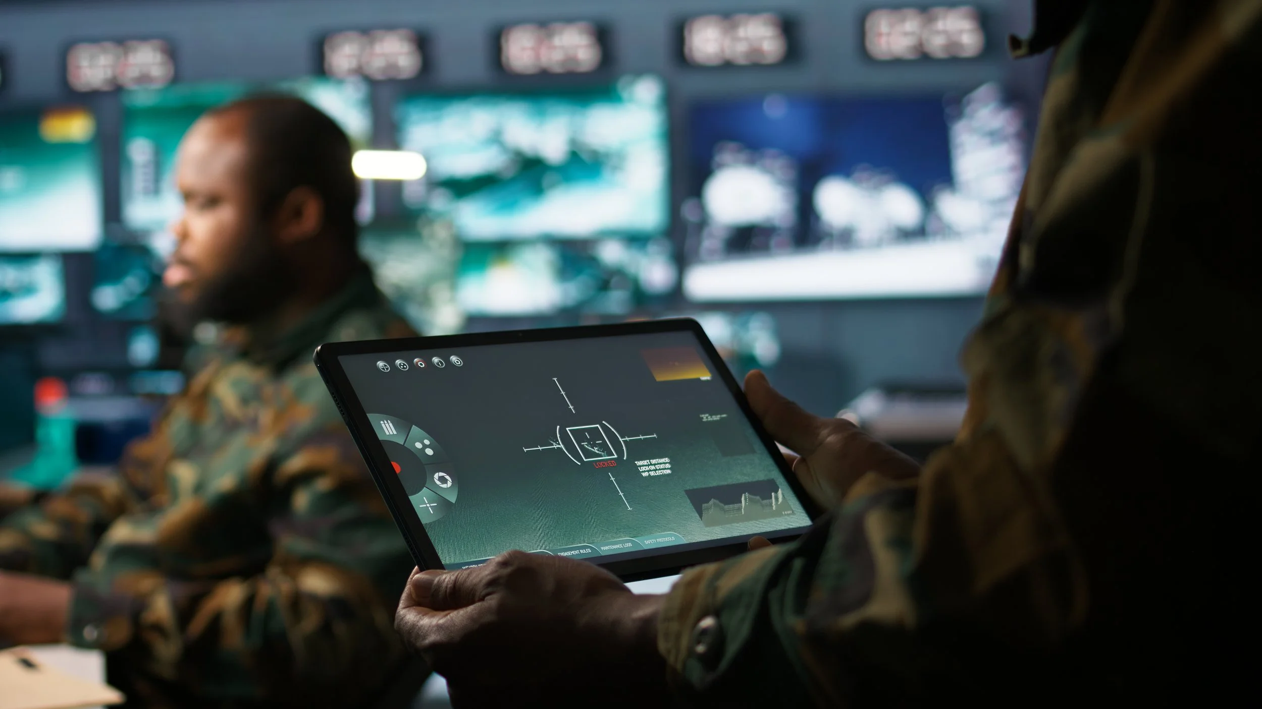 A military officer holding a tablet device with a tactical targeting system displayed on the screen, with another soldier sitting in the background in a command center.