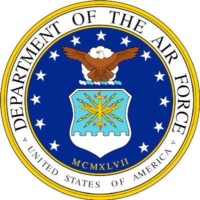 Official seal of the Department of the Air Force featuring a white eagle with outstretched wings, a shield with lightning bolts and a cloud, and the words 'Department of the Air Force' and 'United States of America'.