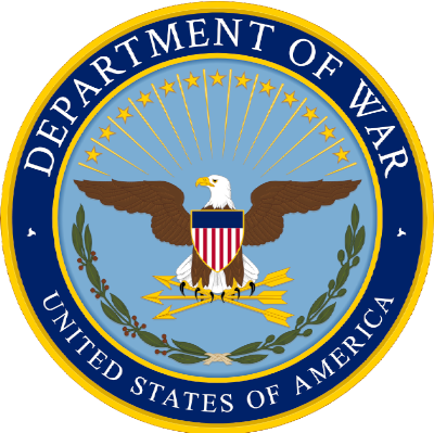 Seal of the Department of War, United States of America, featuring a bald eagle clutching arrows and an olive branch, with a shield on its chest, surrounded by a blue border with gold trim and stars.