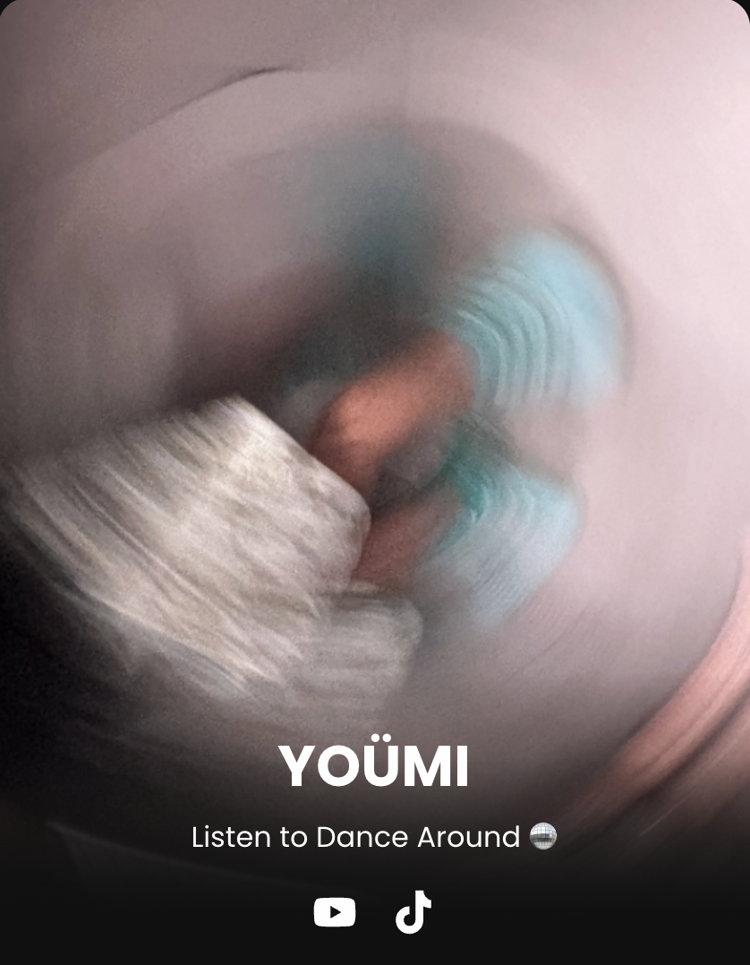 Imagen borrosa que parece una persona bailando con fondo de colores y texto que indica 'YOÜMI' y 'Listen to Dance Around'.