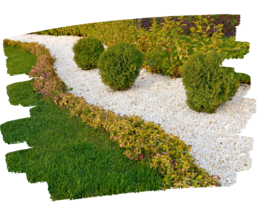 Lawn mowing and garden maintenance crew servicing a residential property in Bethel, CT