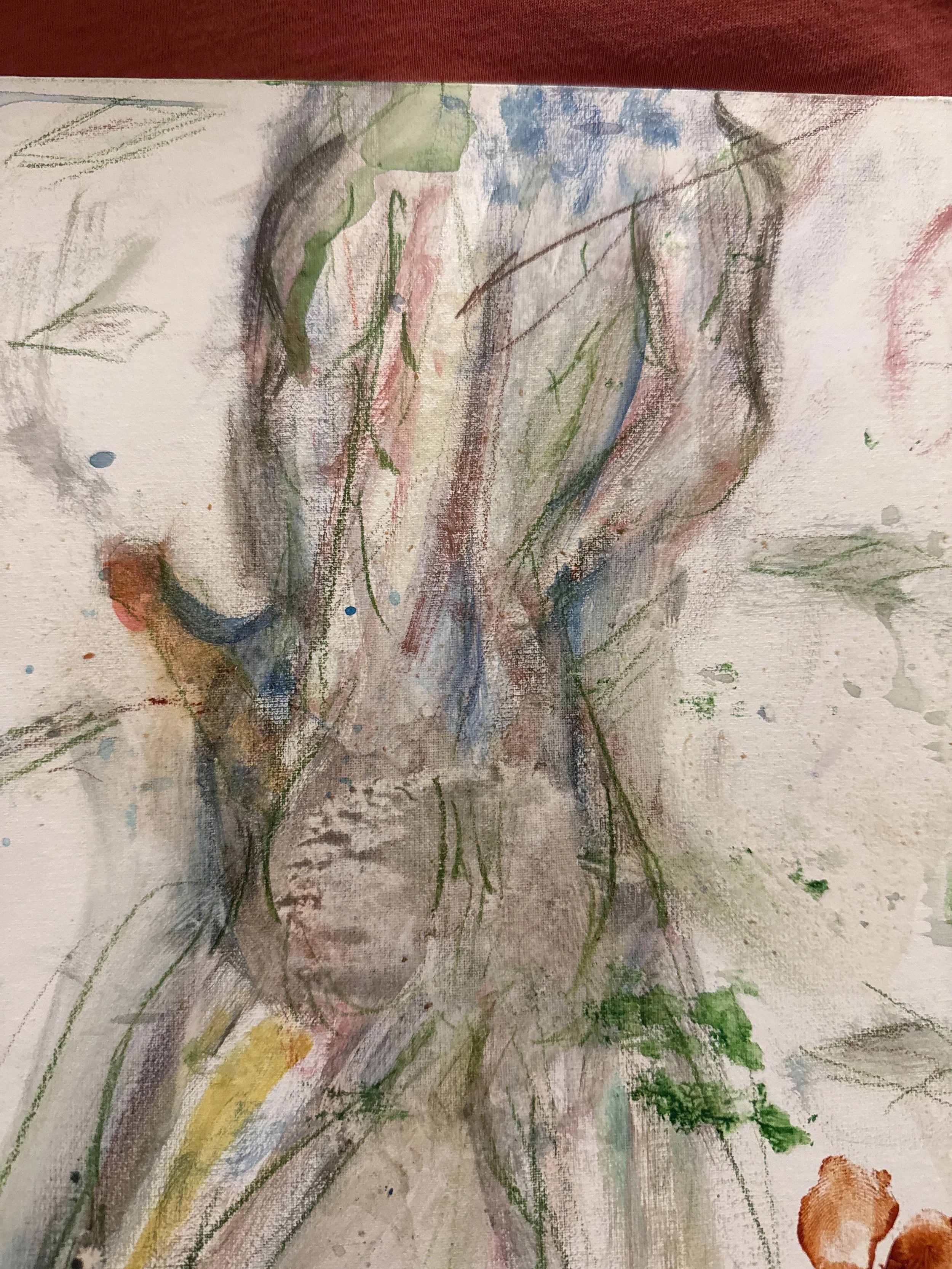 A child's abstract watercolor drawing with various colors and lines, depicting a figure with a head, torso, and limbs, surrounded by splashes of paint.