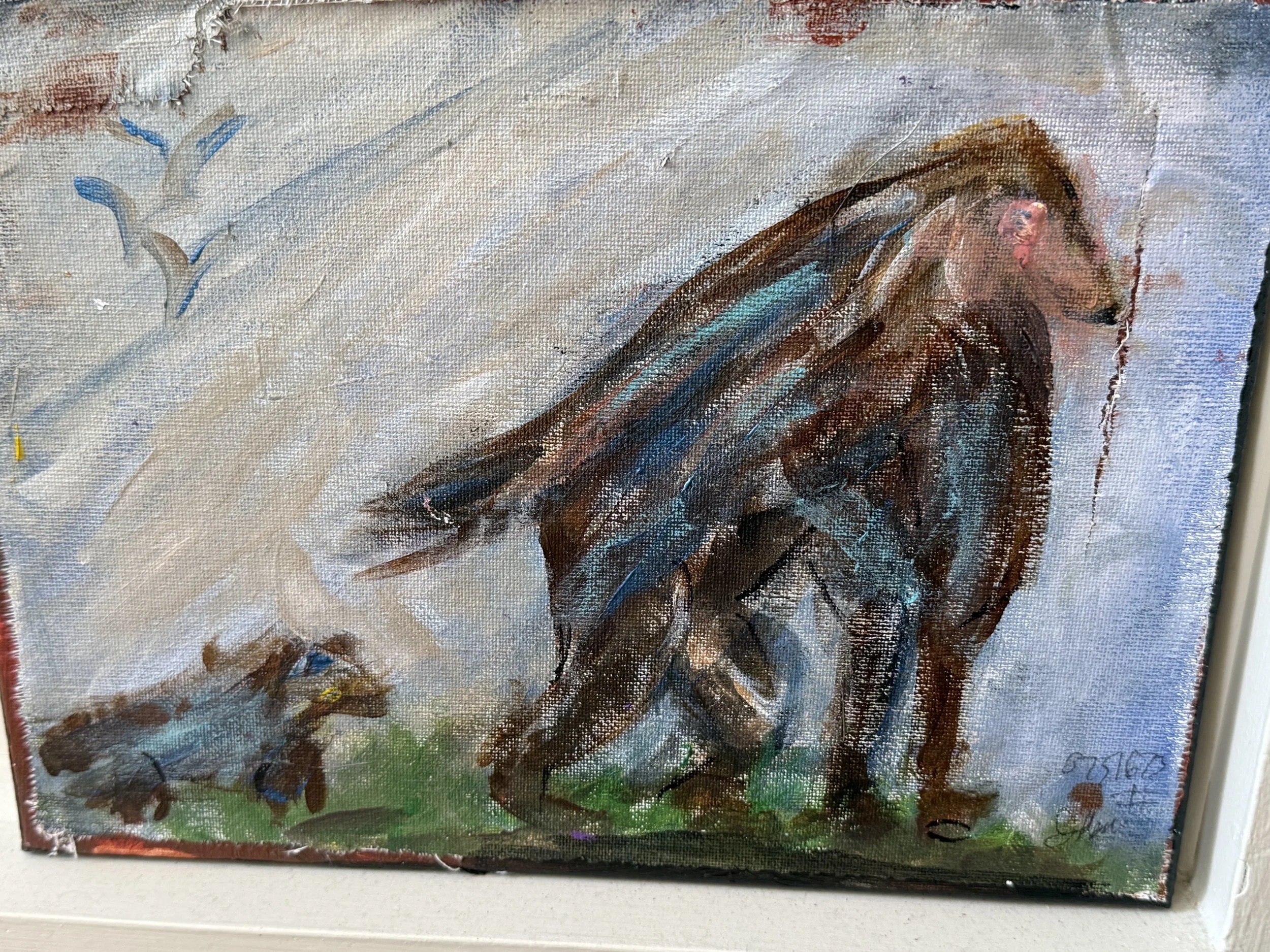 An abstract painting of a dog with a stick and leaves in the background, using broad brushstrokes and earthy colors.