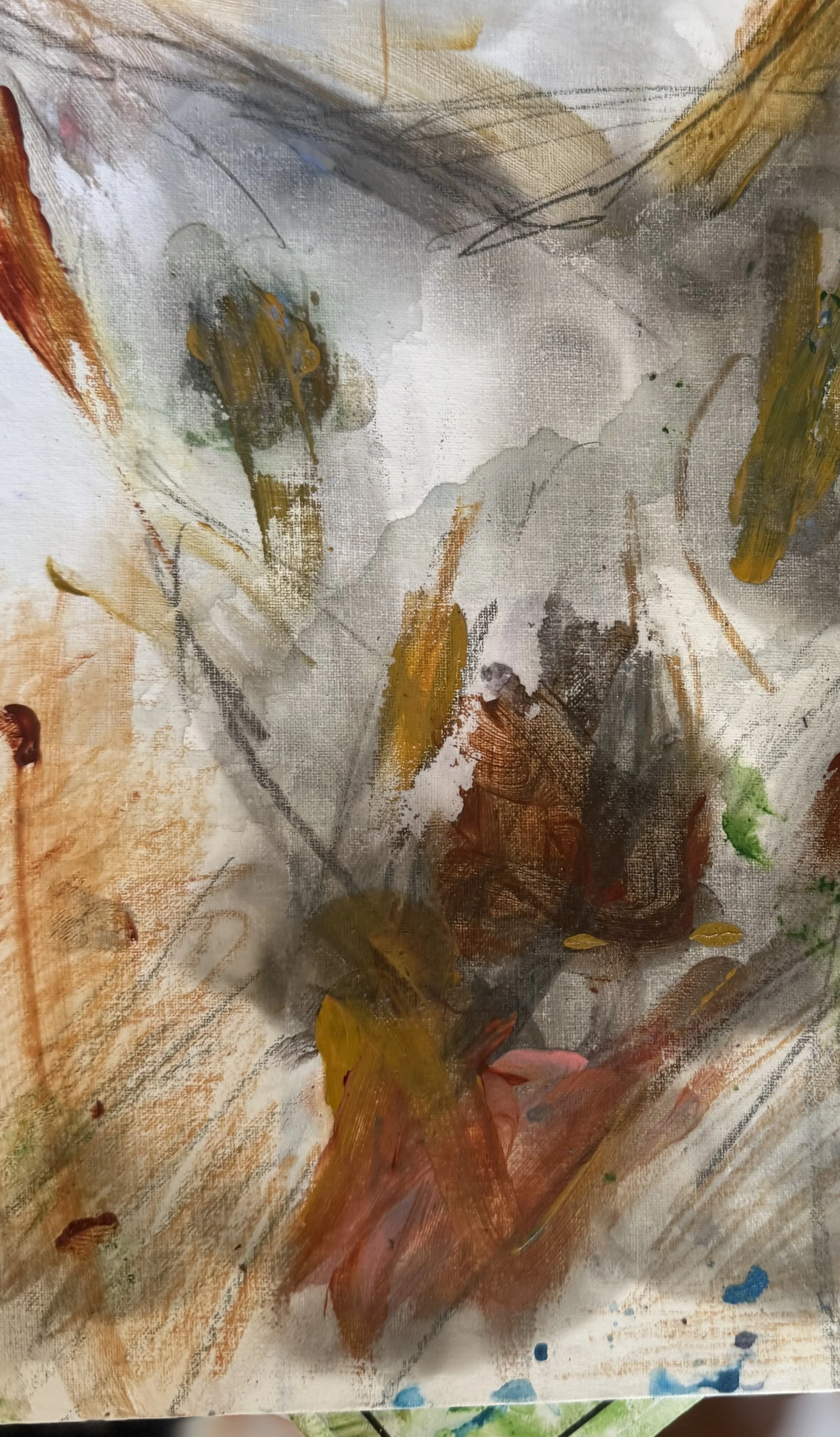 Abstract expressionist painting with splashes of orange, yellow, brown, green, gray, and black on a textured canvas.