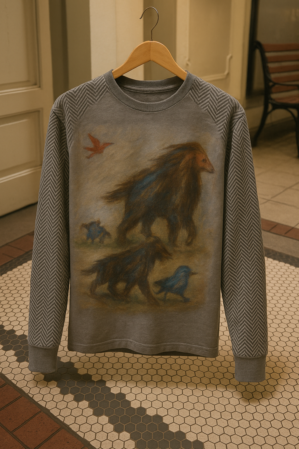 Gray sweatshirt with artistic painting of lions and birds on the front, hanging on a wooden hanger in a tiled indoor space.