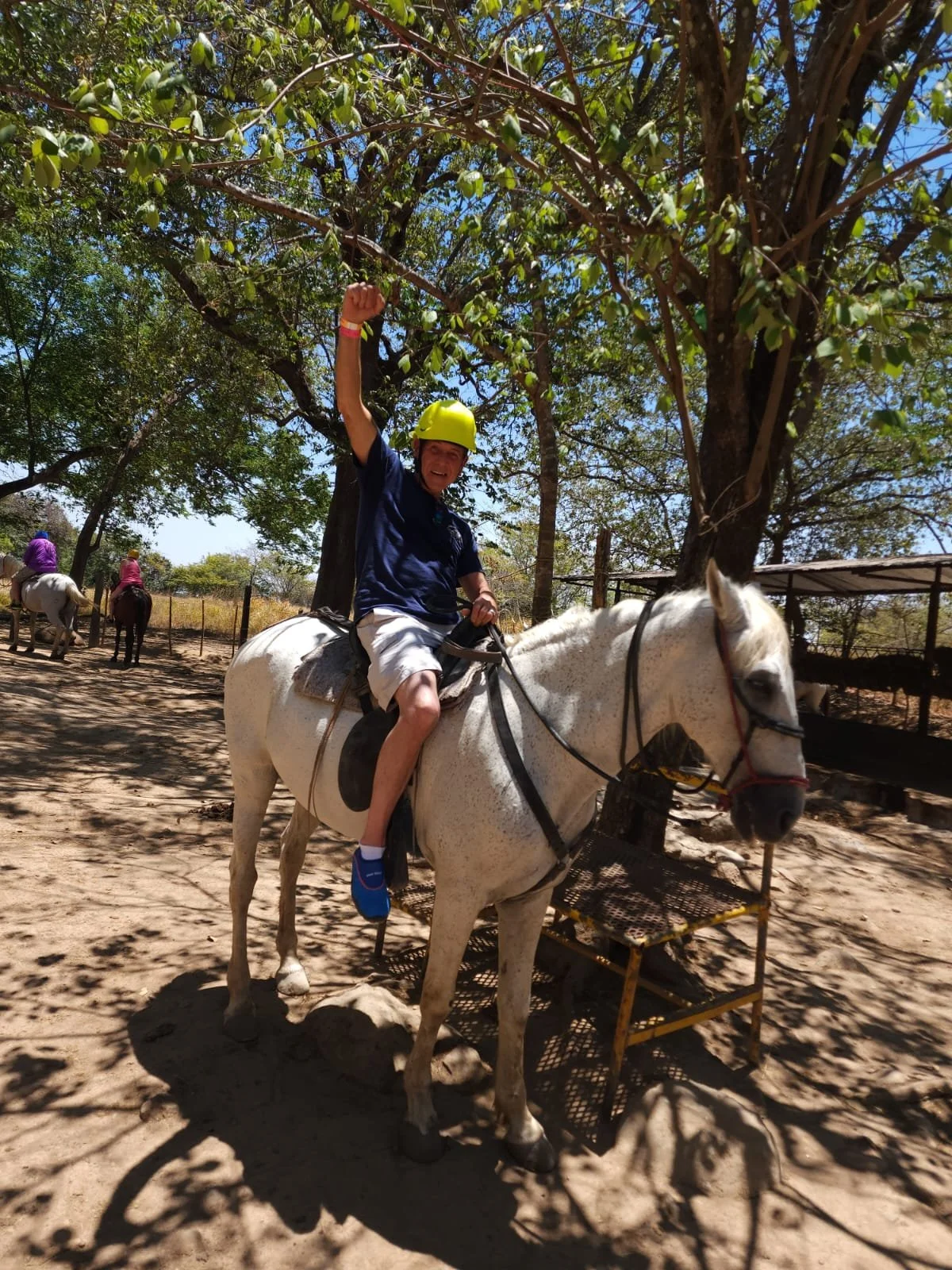 A person riding a white horse under a large tree, wearing a yellow helmet and raising one fist, with other people riding horses in the background. Liberia Airport Shuttle. Tours in Costa Rica.