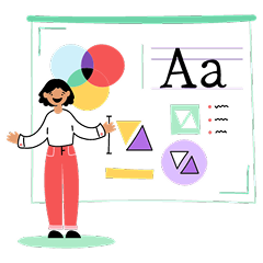 Una mujer presenta un gráfico de colores y formas geométricas en una pizarra o pantalla digital.