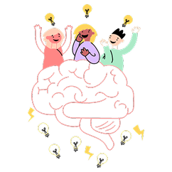 Ilustración de una cabeza humana con un cerebro y tres personajes alegremente pensativos o creativos, rodeados de bombillas y signos de interrogación.