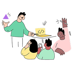 Cuatro personas, incluyendo una que parece ser un instructor, en una situación de enseñanza o discusión, con una computadora portátil y elementos creativos en un fondo negro.