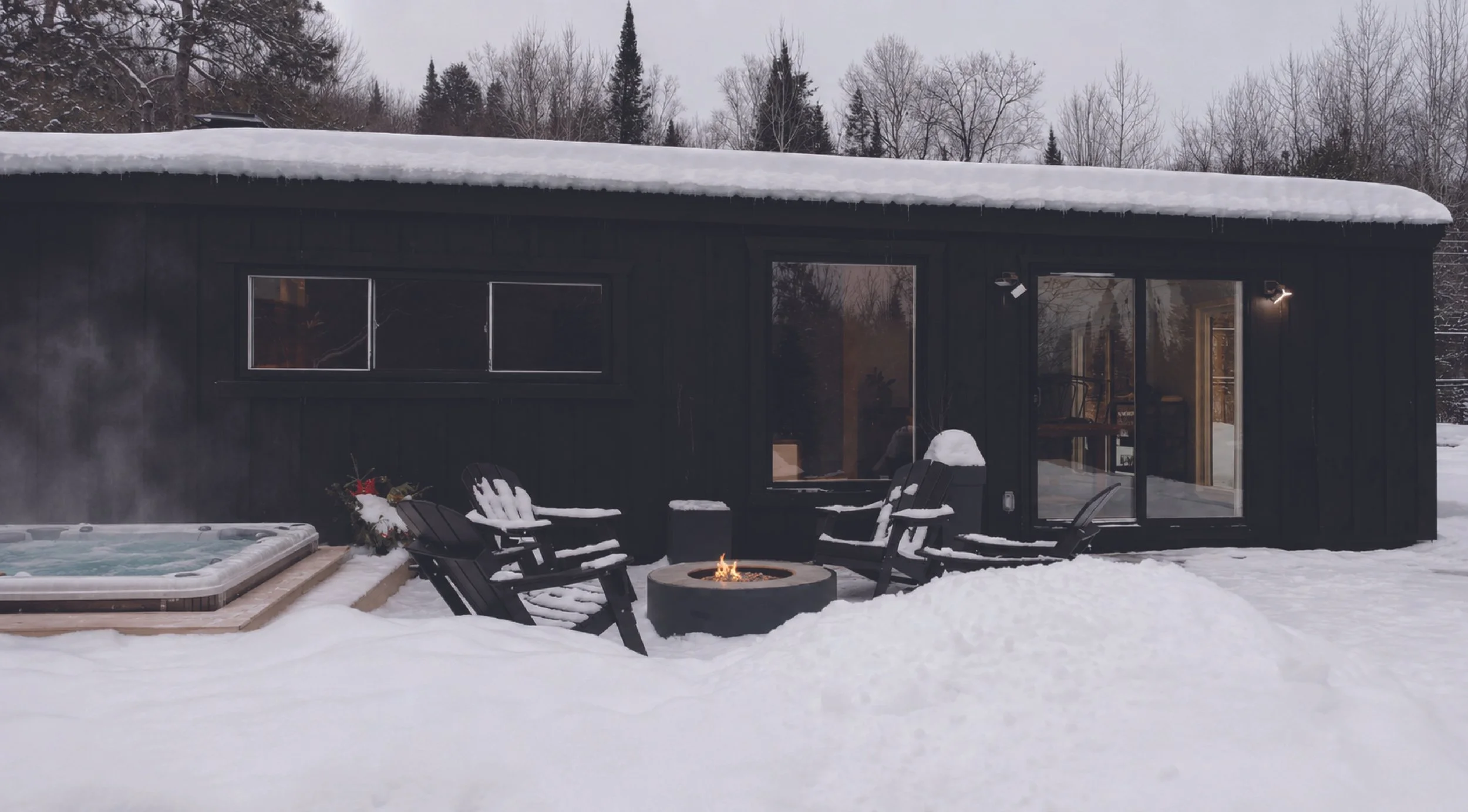 Spa extérieur fumant et foyer sous la neige au Rockway Motel