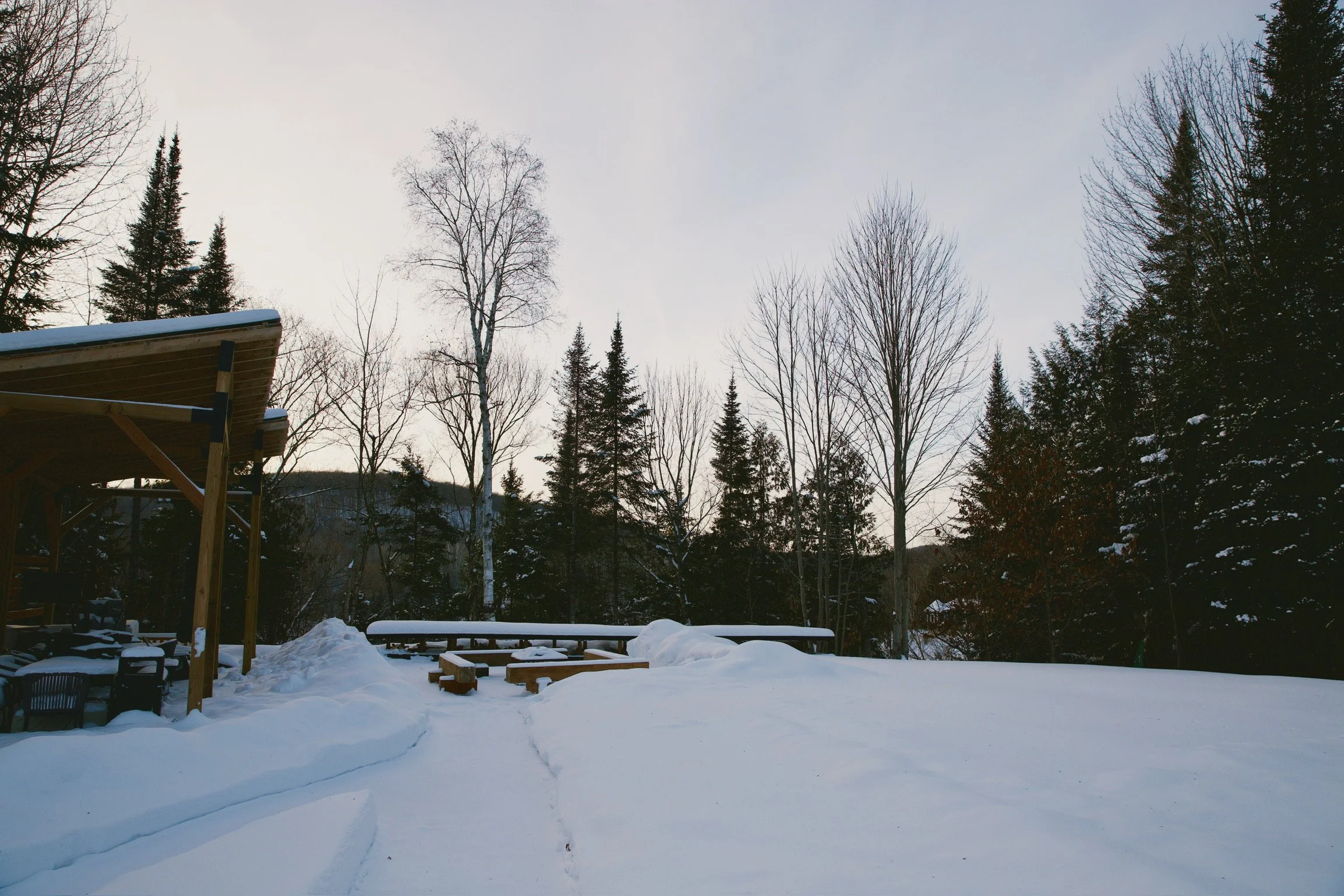Pavillon et foyer extérieur enneigés entourés de forêt, vue sur les montagnes