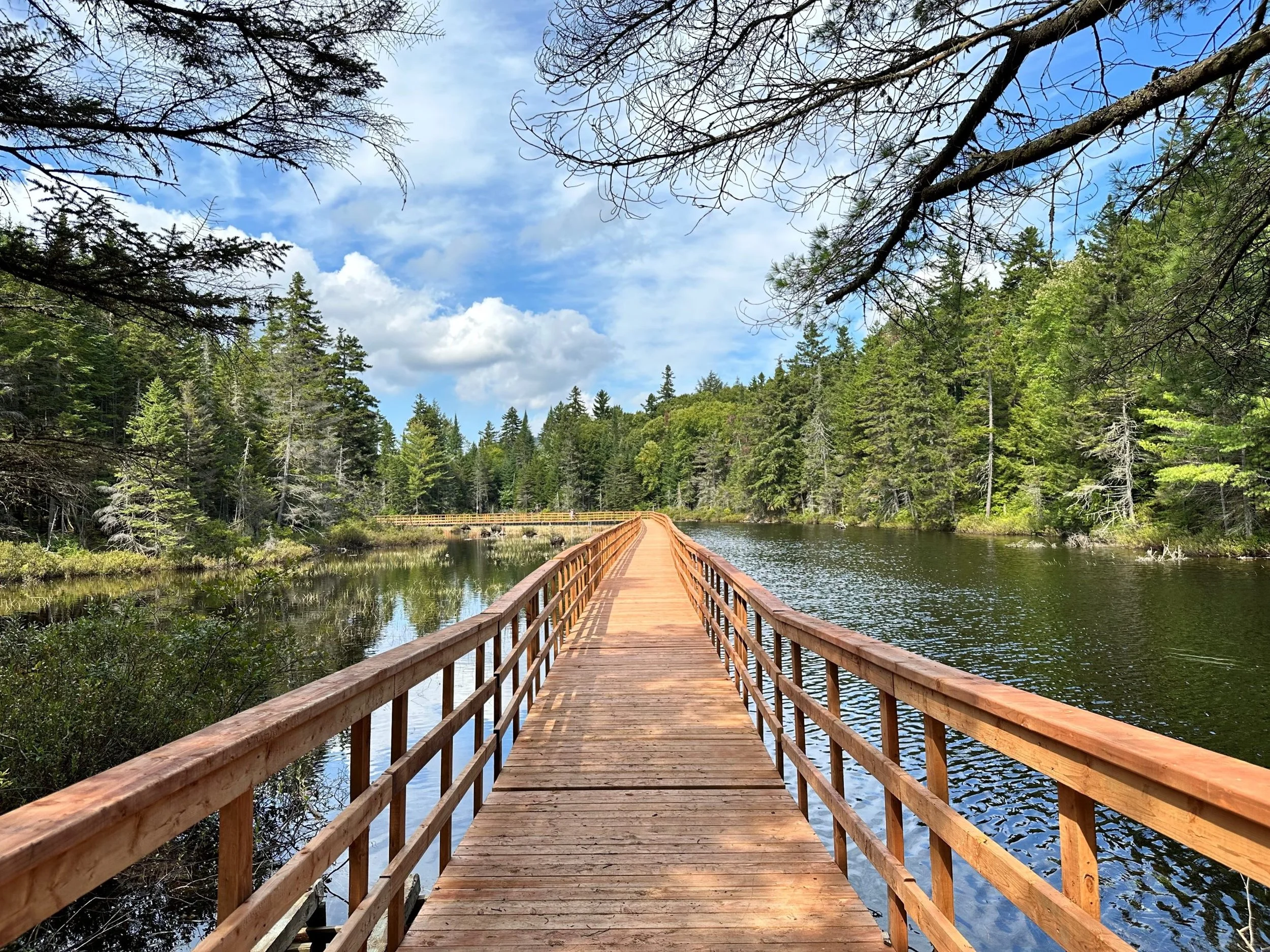 Un pont en bois qui traverse un lac entouré d'arbres verdoyants sous un ciel partiellement nuageux.