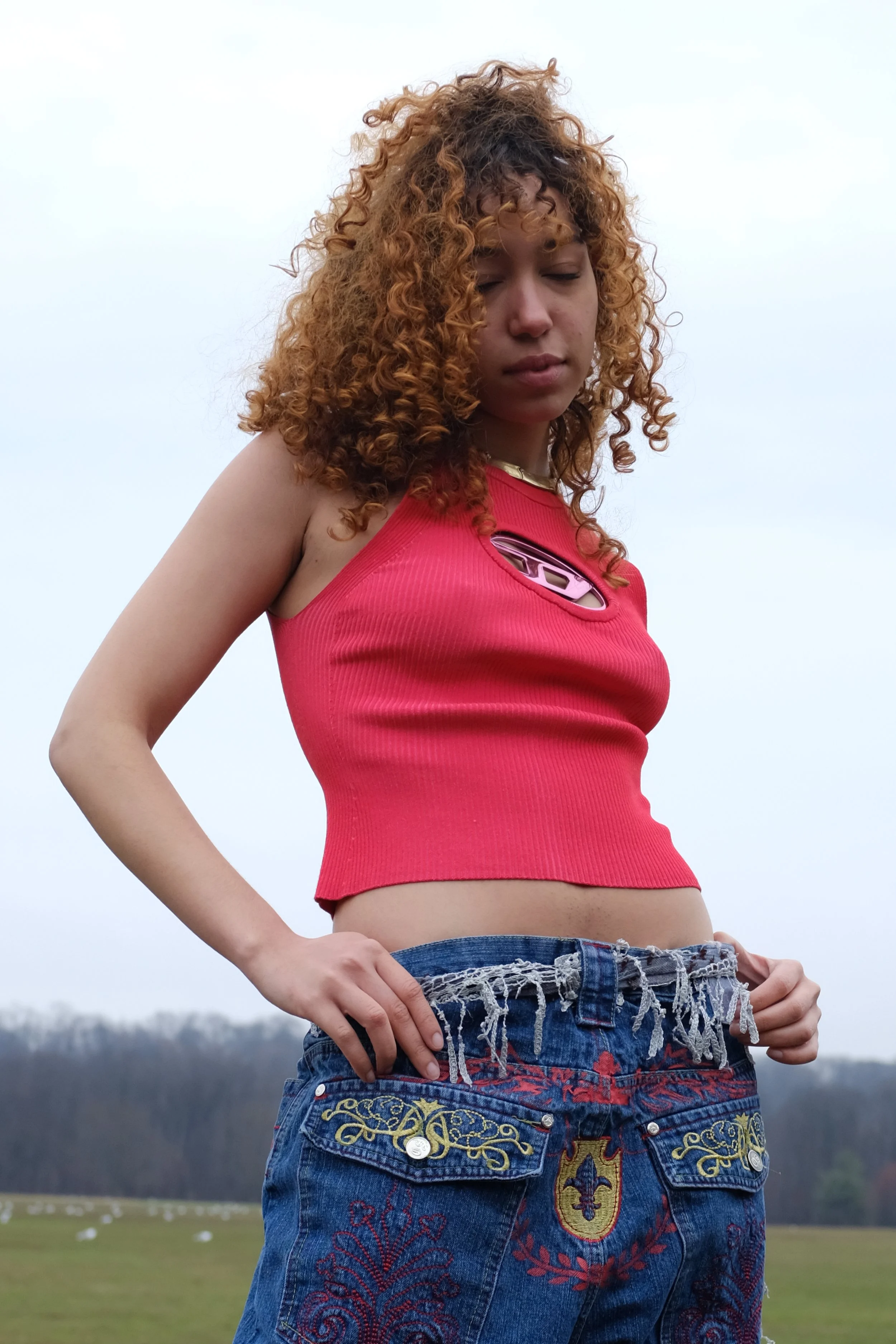 A young woman with curly, reddish hair wearing a red crop top and embroidered blue jeans standing outdoors with a cloudy sky and distant trees in the background.