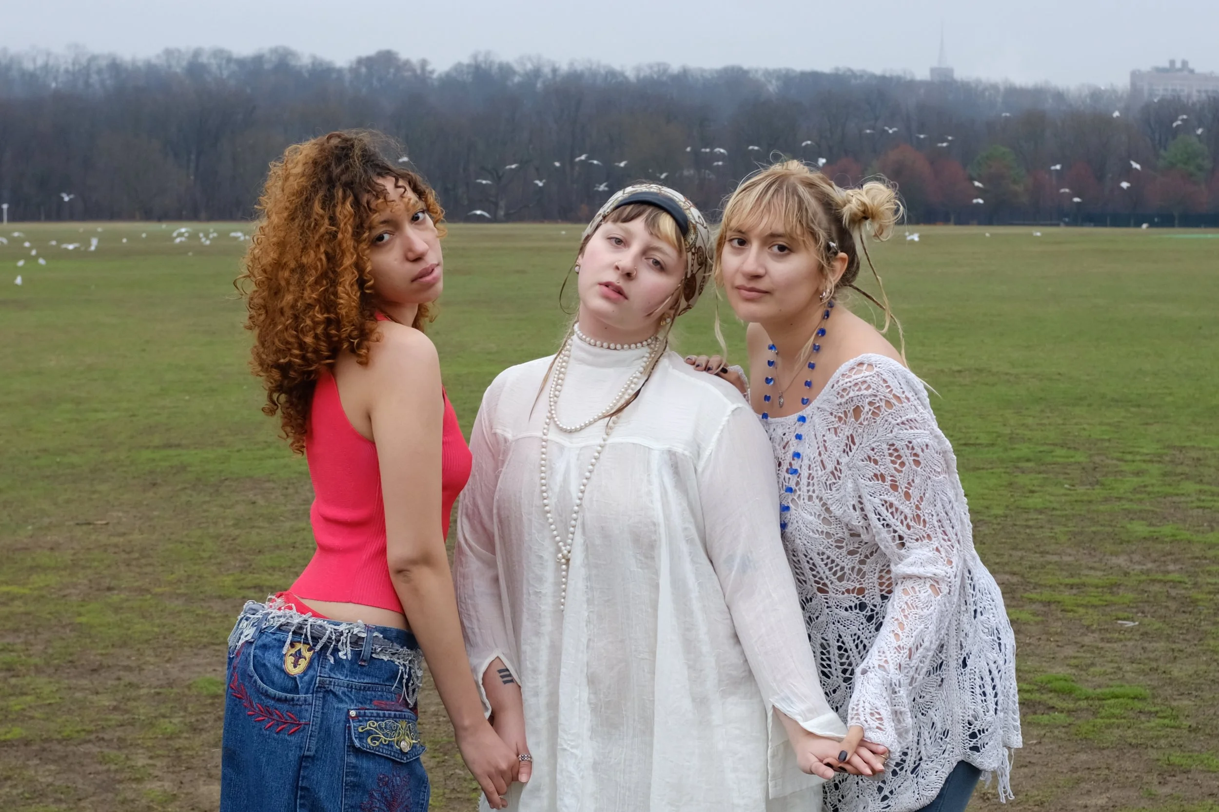 Three young women standing close together outdoors in a field, holding hands, with trees and birds in the background.