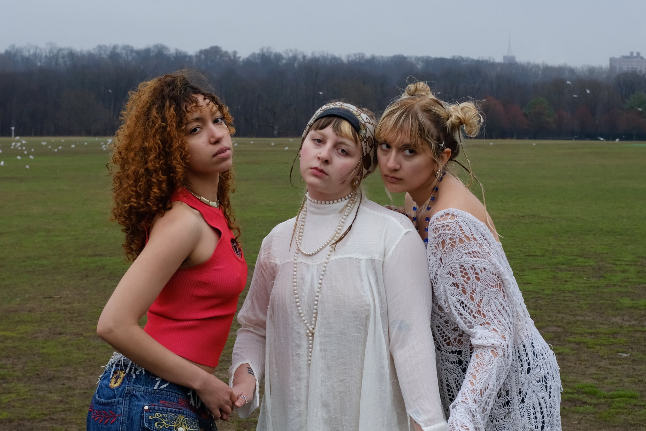 Three young women standing closely together outdoors on a grassy field with a cloudy sky, trees in the background, and seagulls flying overhead.